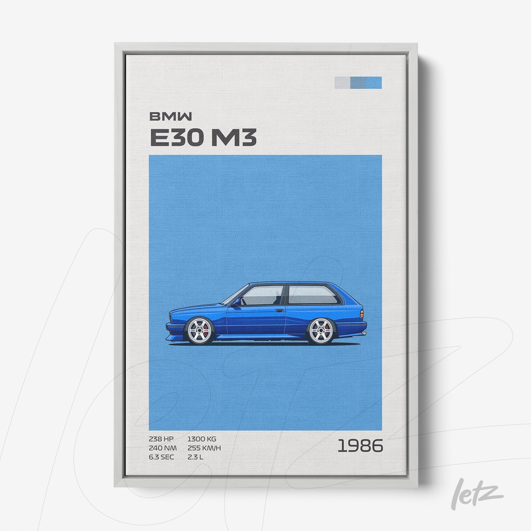 framed wall art featuring the sporty BMW E30 M3 in blue background with white frame