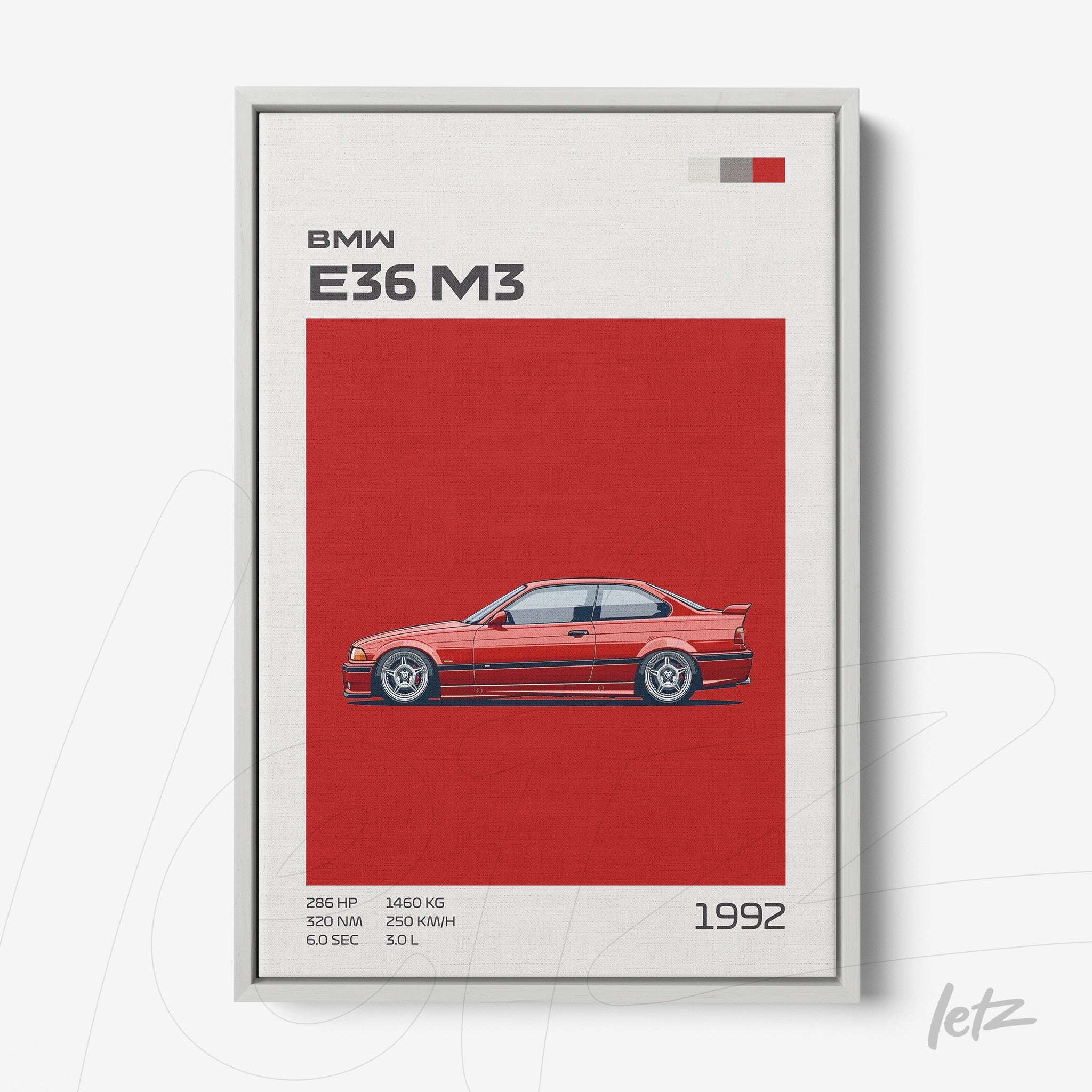 framed digital art of BMW E36 M3 car against a red background with white frame
