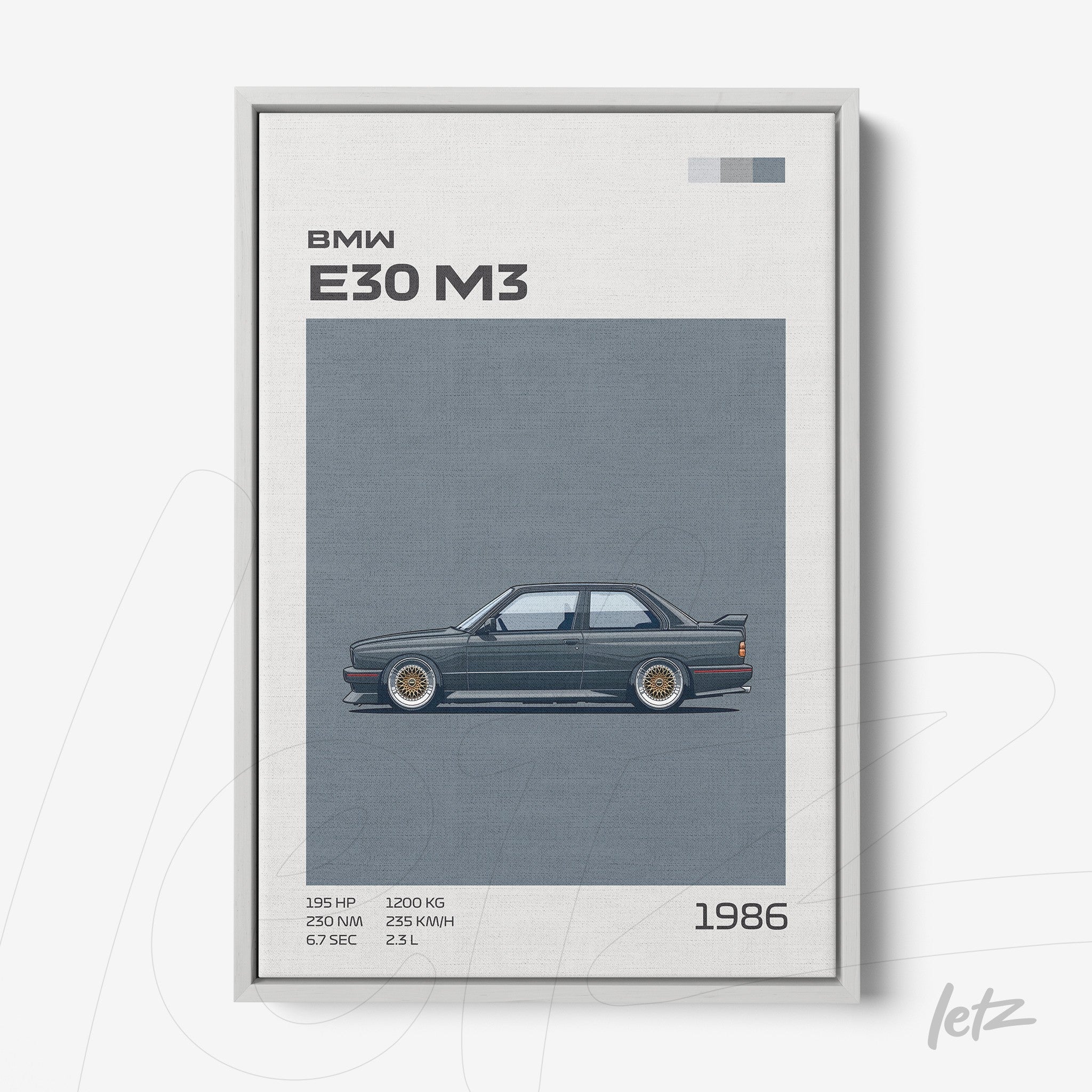 digital art print of BMW E30 M3 car in silver frame
