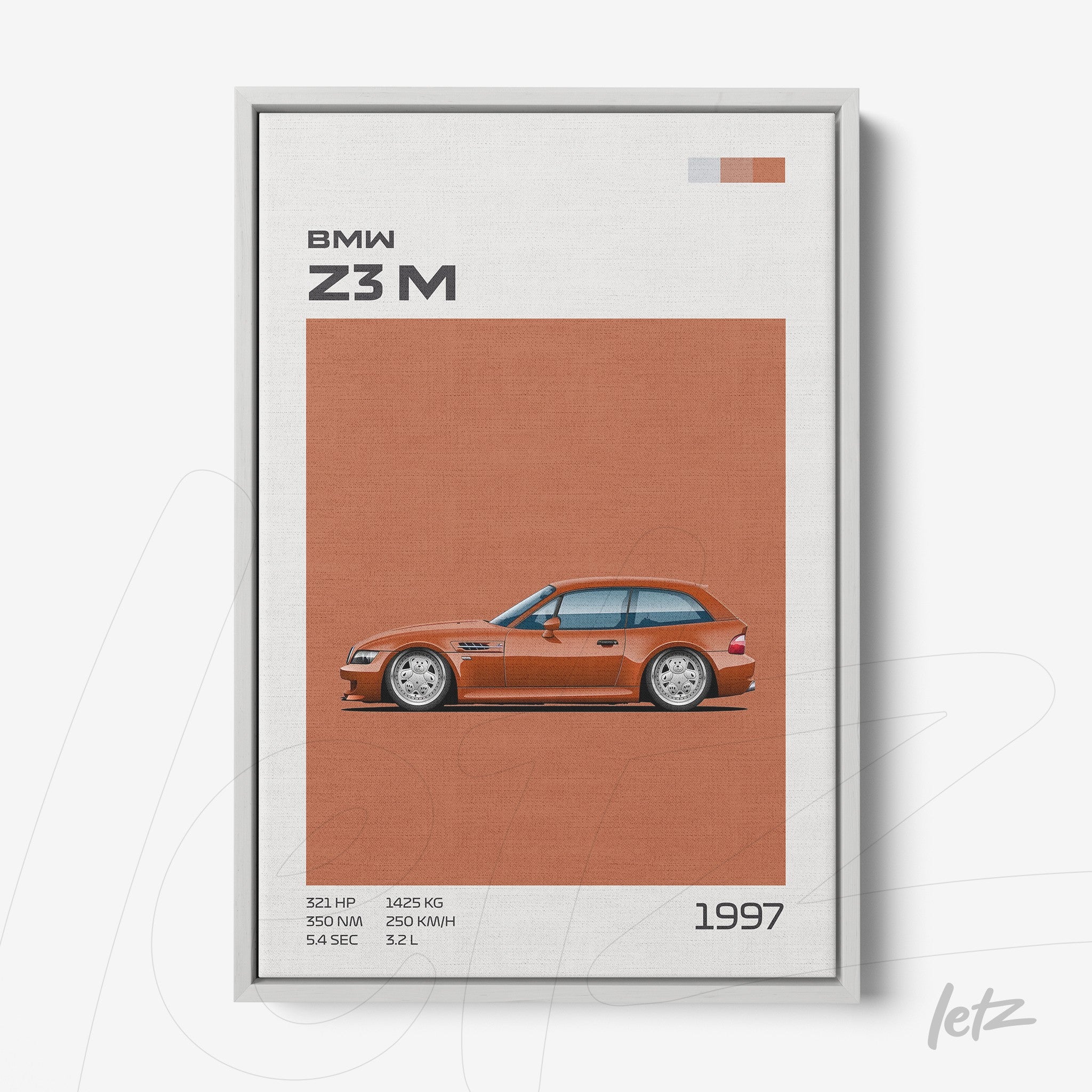 minimalist wall art featuring an illustration of a BMW Z3M in orange tone with a neutral background