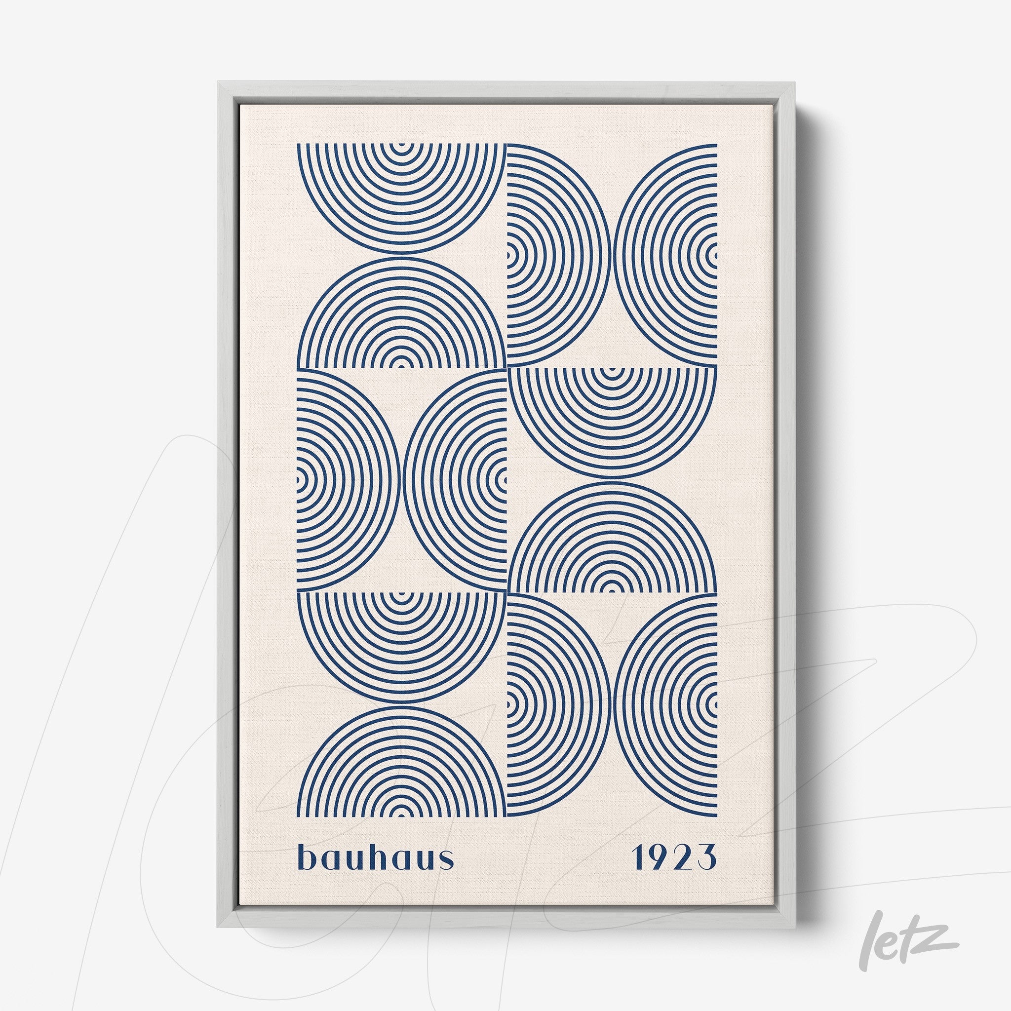poster print featuring geometrical art of concentric blue circles on a beige background, framed in light gray