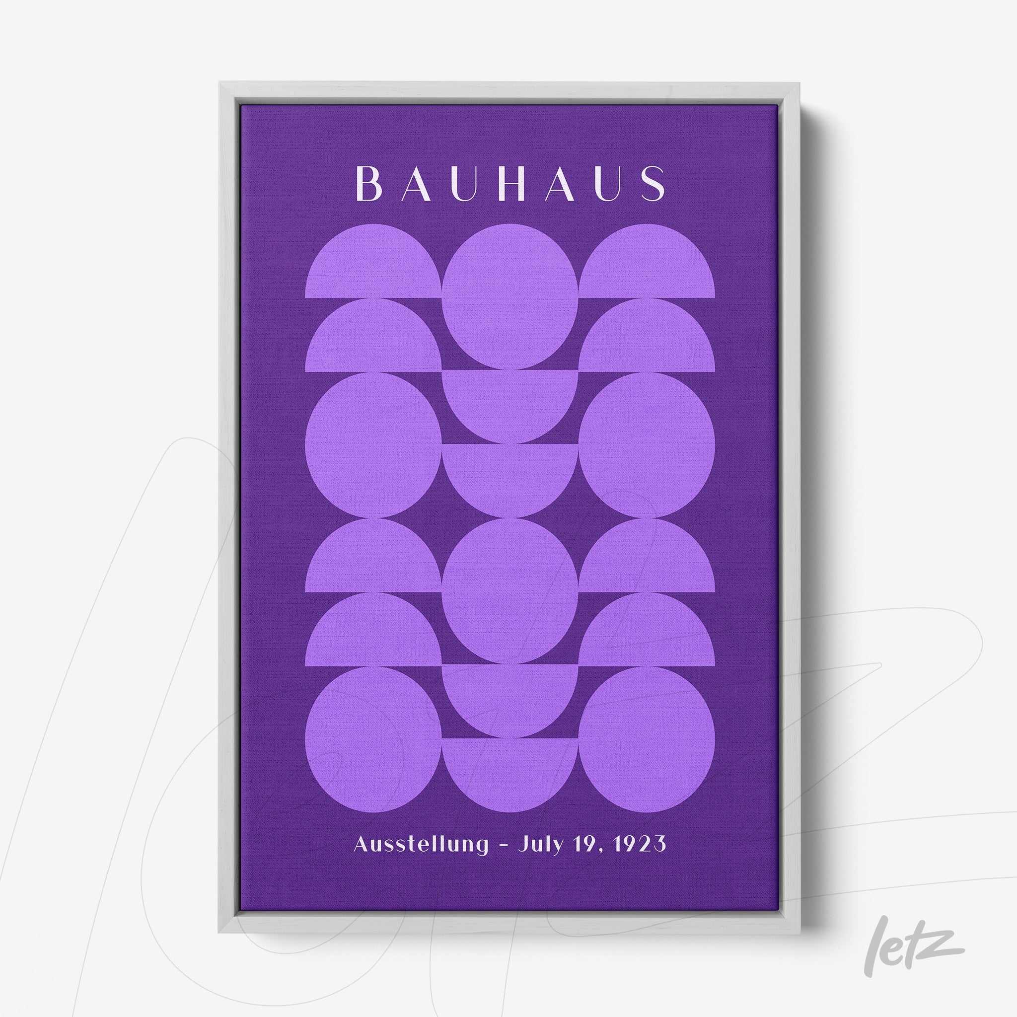 framed poster print featuring abstract geometric design in shades of purple, displayed against a white background