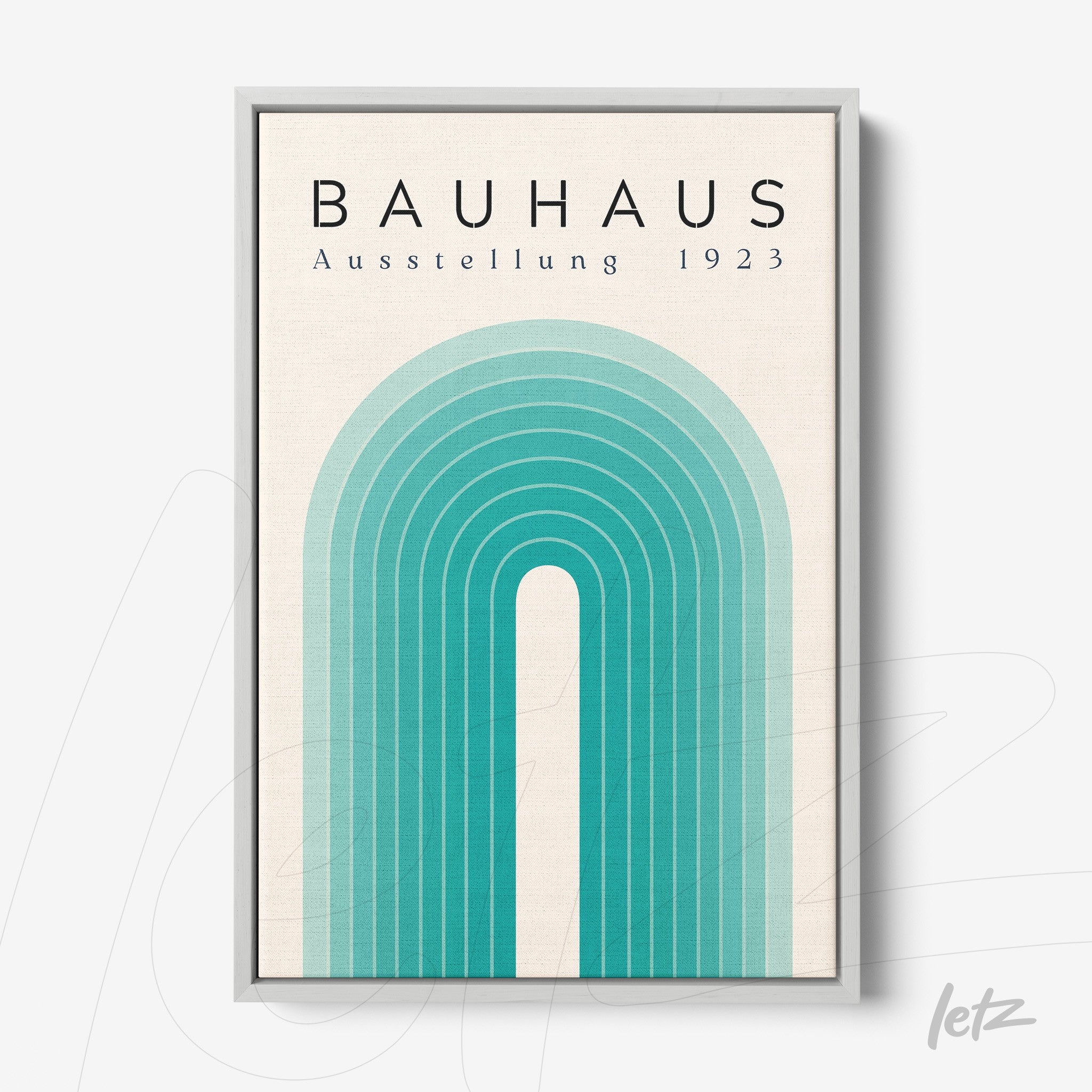poster featuring geometric illustration in blue and green tones with a silver frame, inspired by the Bauhaus style