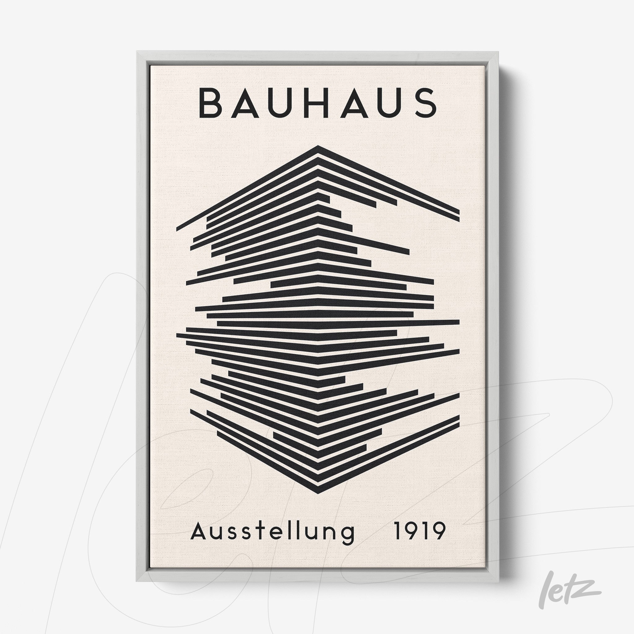 bauhaus style geometric line art print showcased in light gray frame