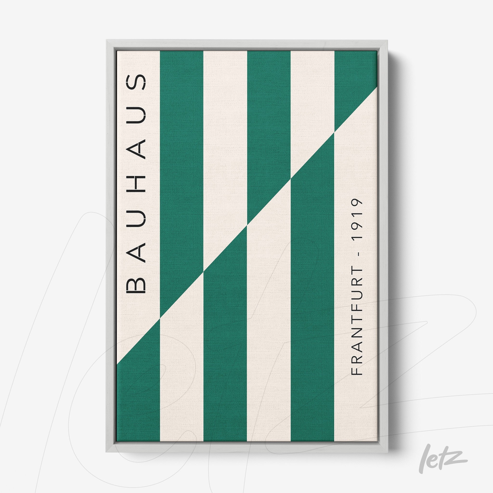 modern bauhaus style poster with vertical green and white stripes in light gray frame