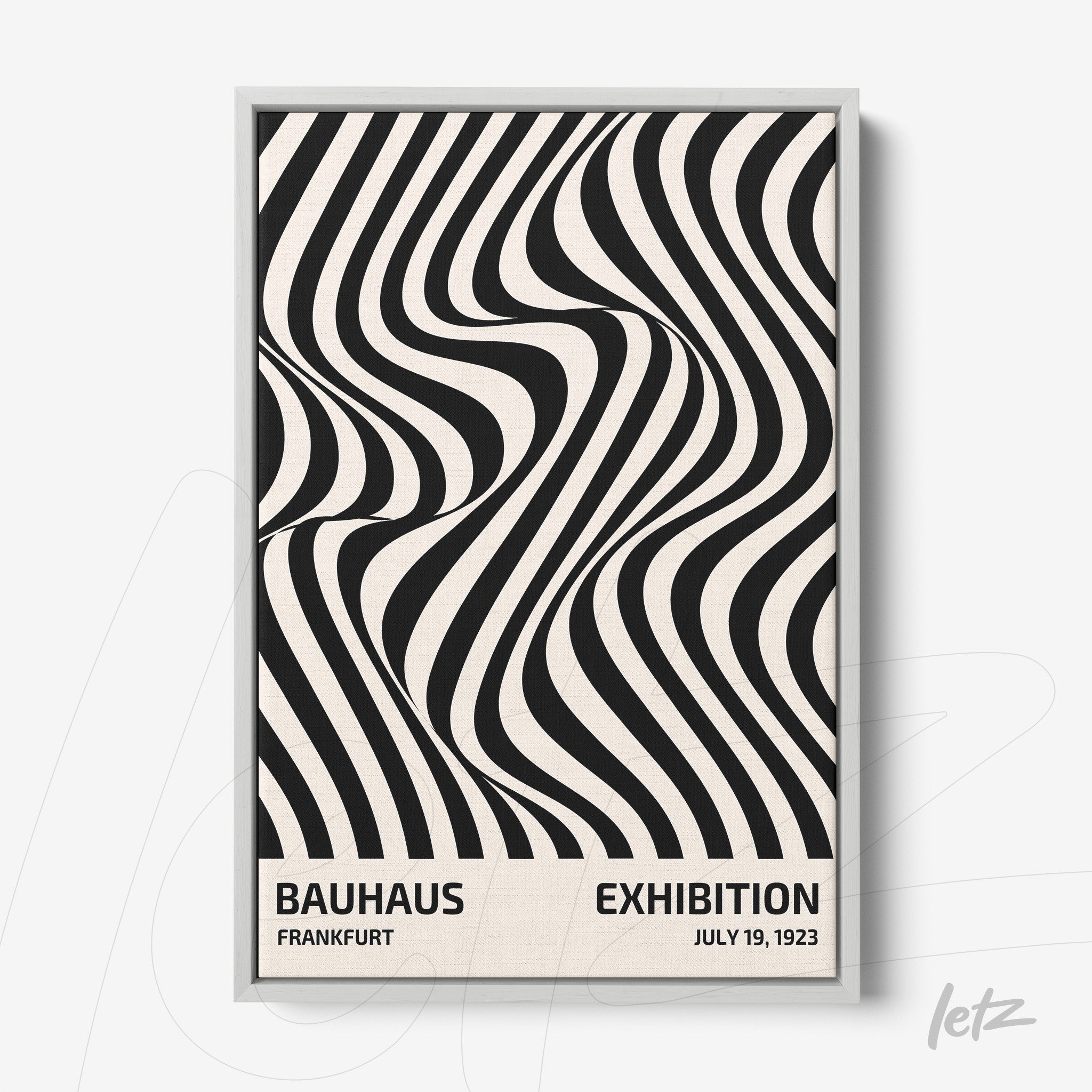 framed abstract black and white art with wavy lines, featuring text about Bauhaus exhibition in Frankfurt dated July 19, 1923