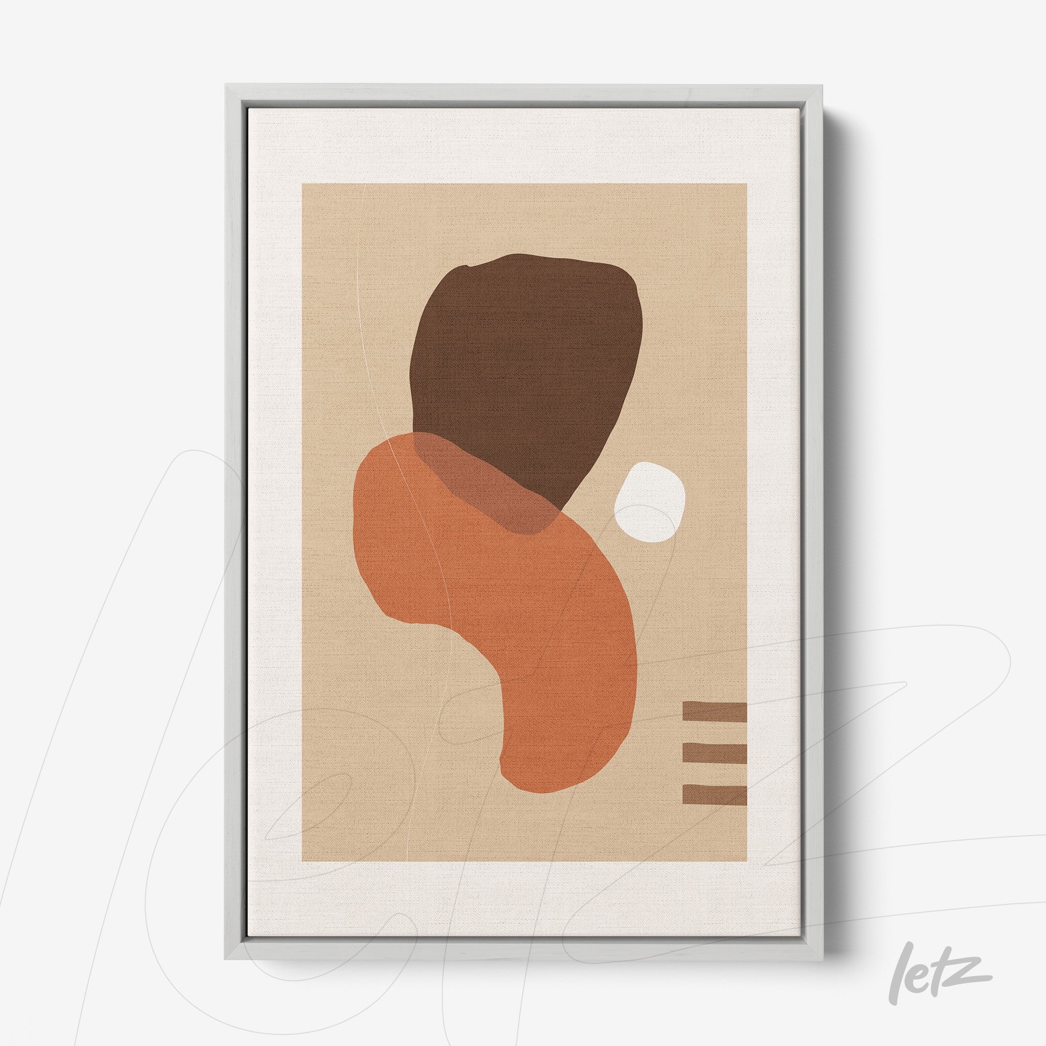 abstract framed artwork with organic shapes in earthy tones on a gray frame