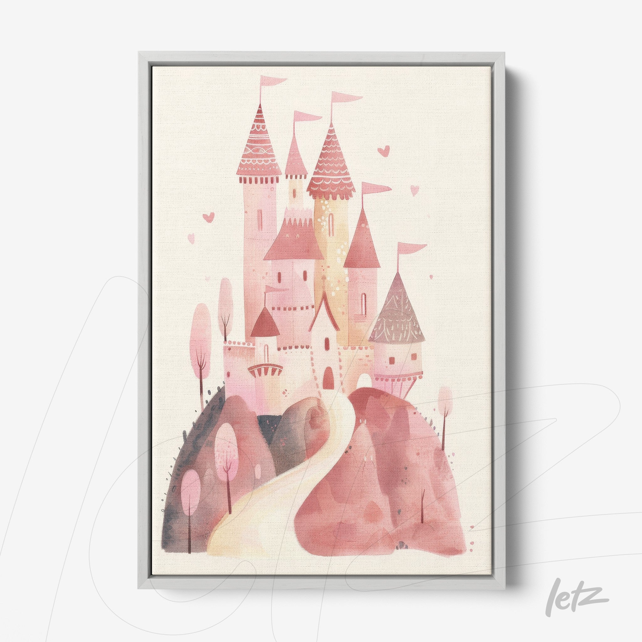 canvas print featuring a pink castle illustration with trees in the foreground and a winding path