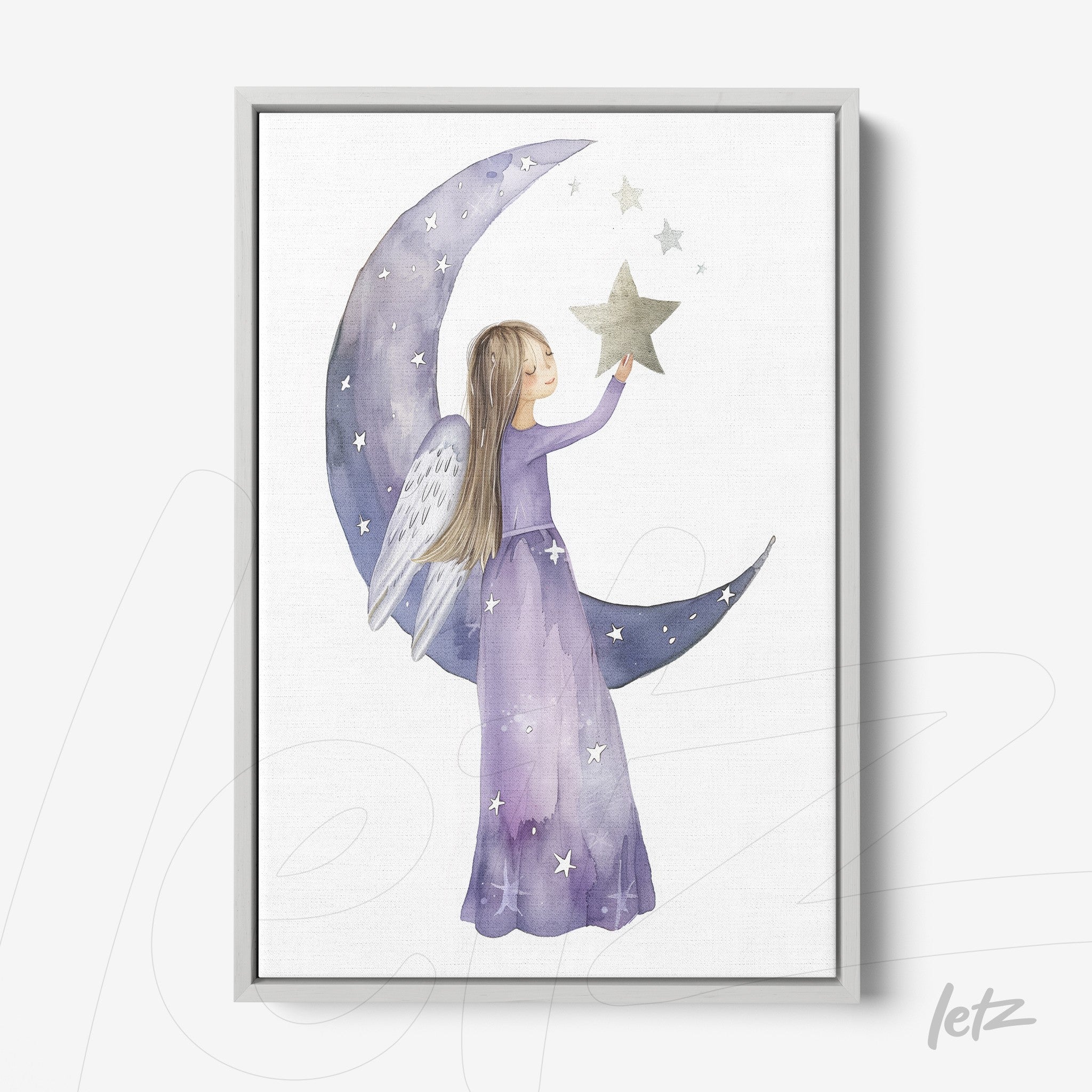framed watercolor art of a girl with wings holding a star against a crescent moon