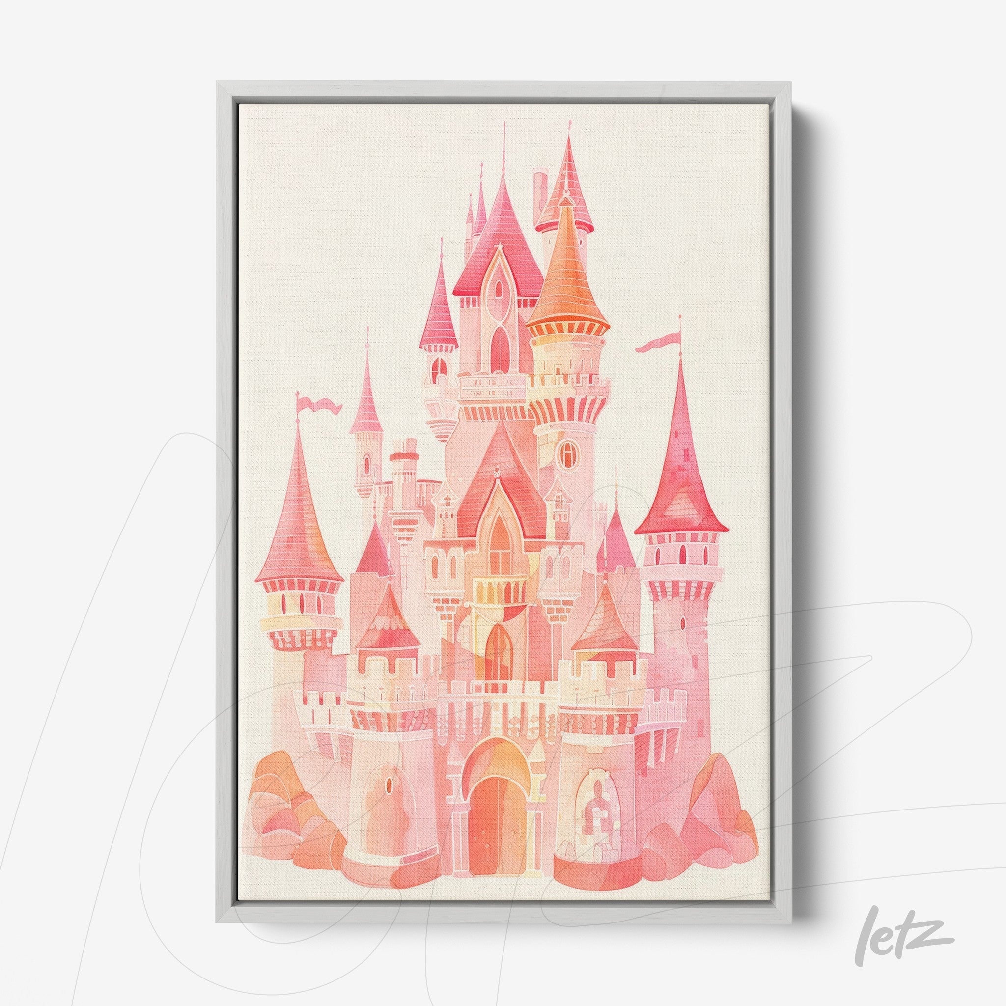 framed art print of a pink and orange castle illustration with a silver frame