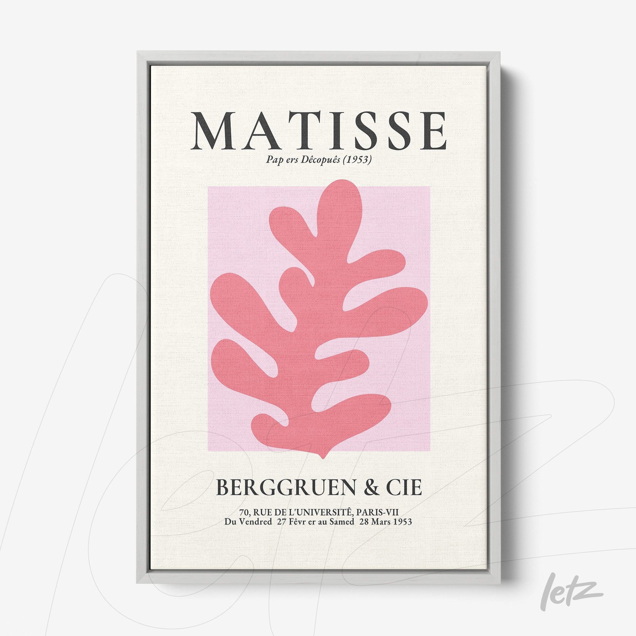 framed modern art inspired by Matisse featuring a pink leaf design on light pink background with silver frame
