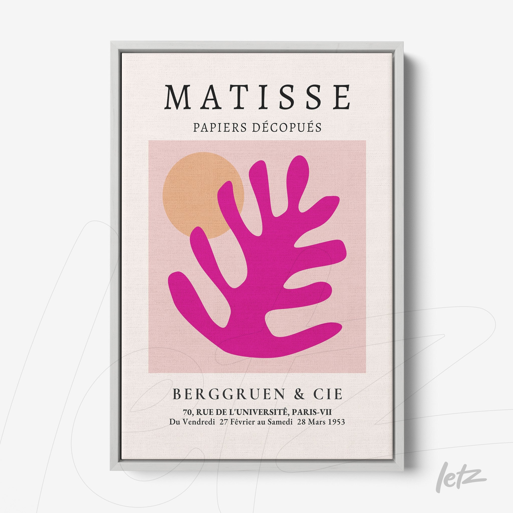 framed wall art featuring modern style pink leaf on light background with geometric shapes, in light gray frame