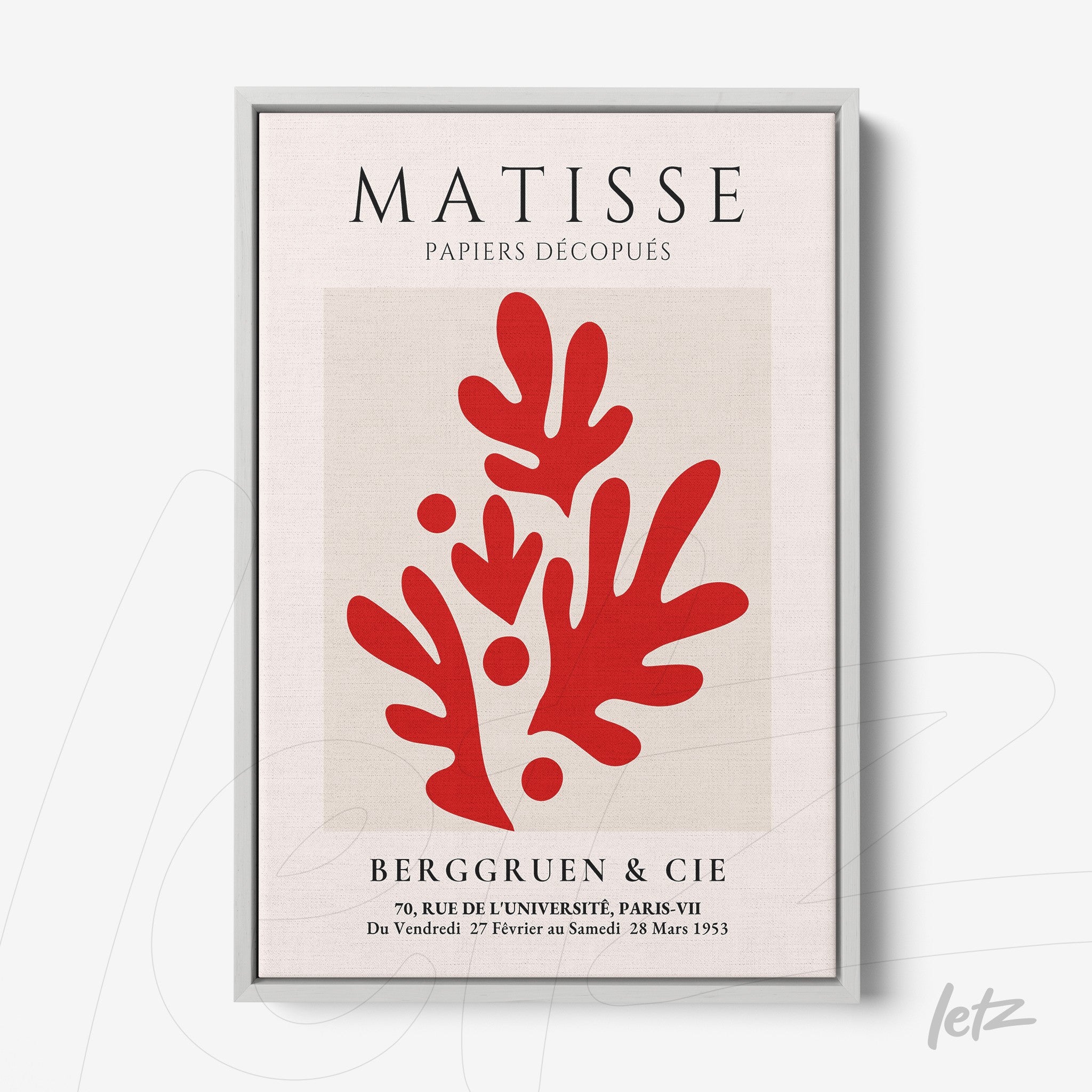 framed modern artwork in red and white inspired by Matisse with light gray frame