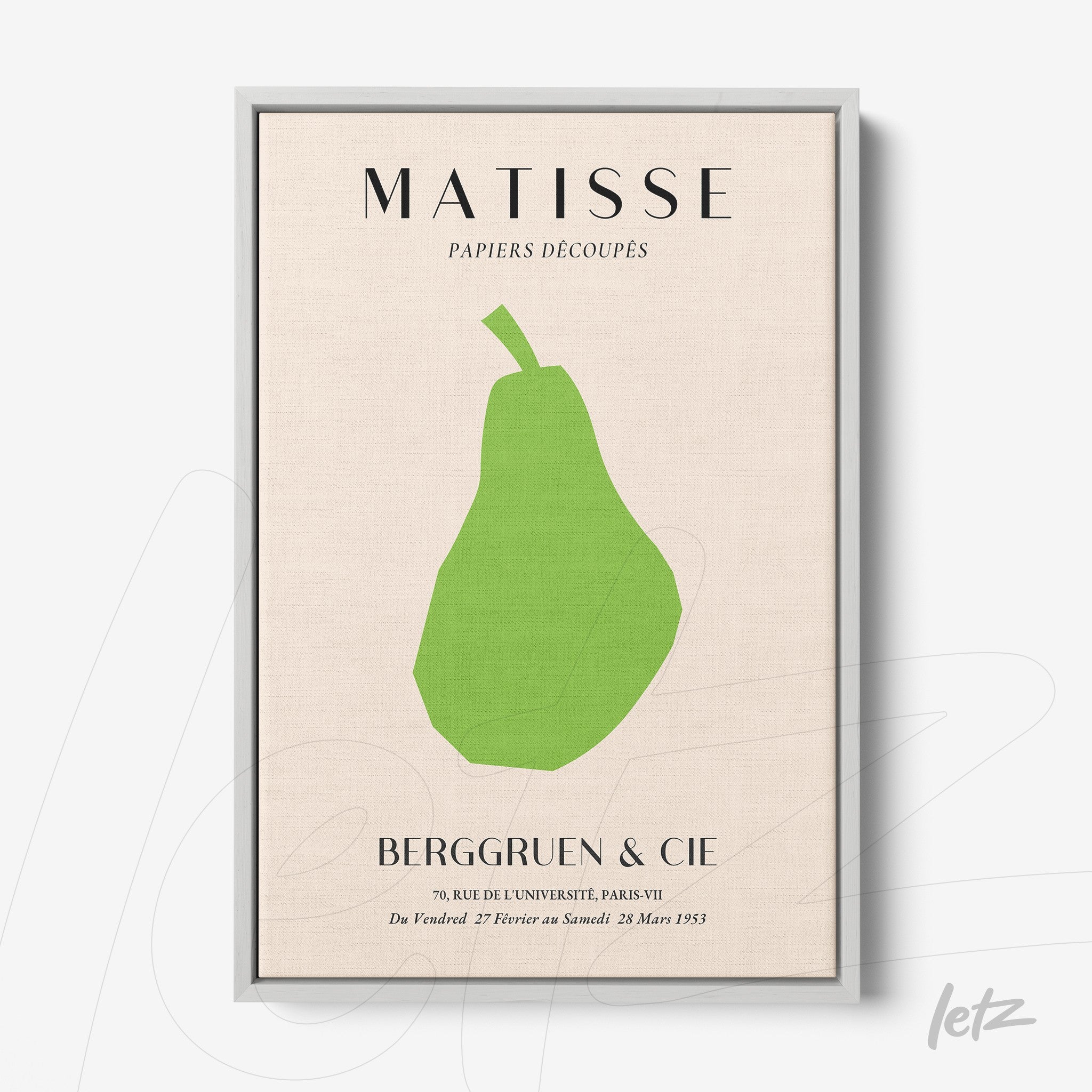 modern art framed piece depicting a stylized green pear on a light background with silver frame