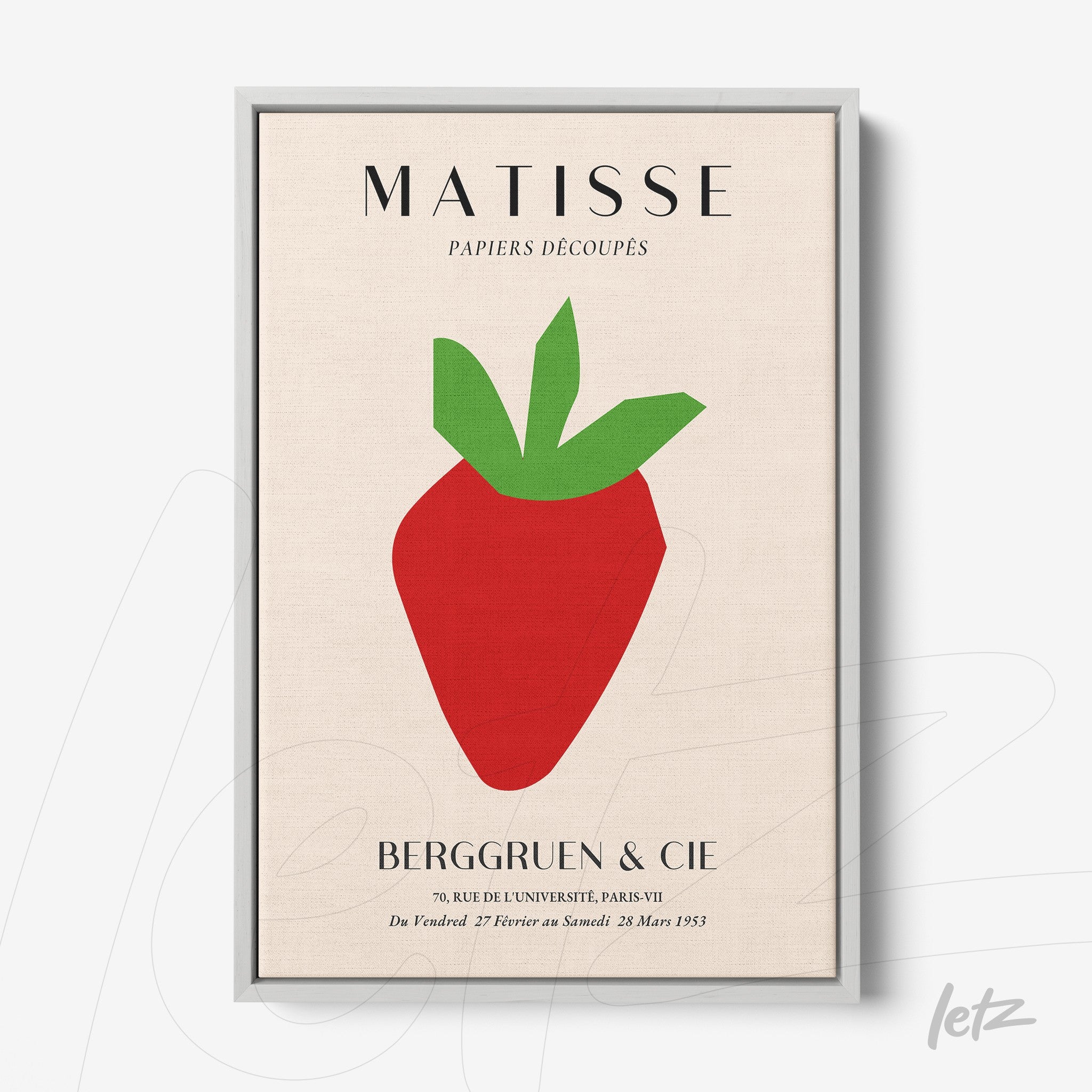 modern style framed art of stylized strawberry in silver frame