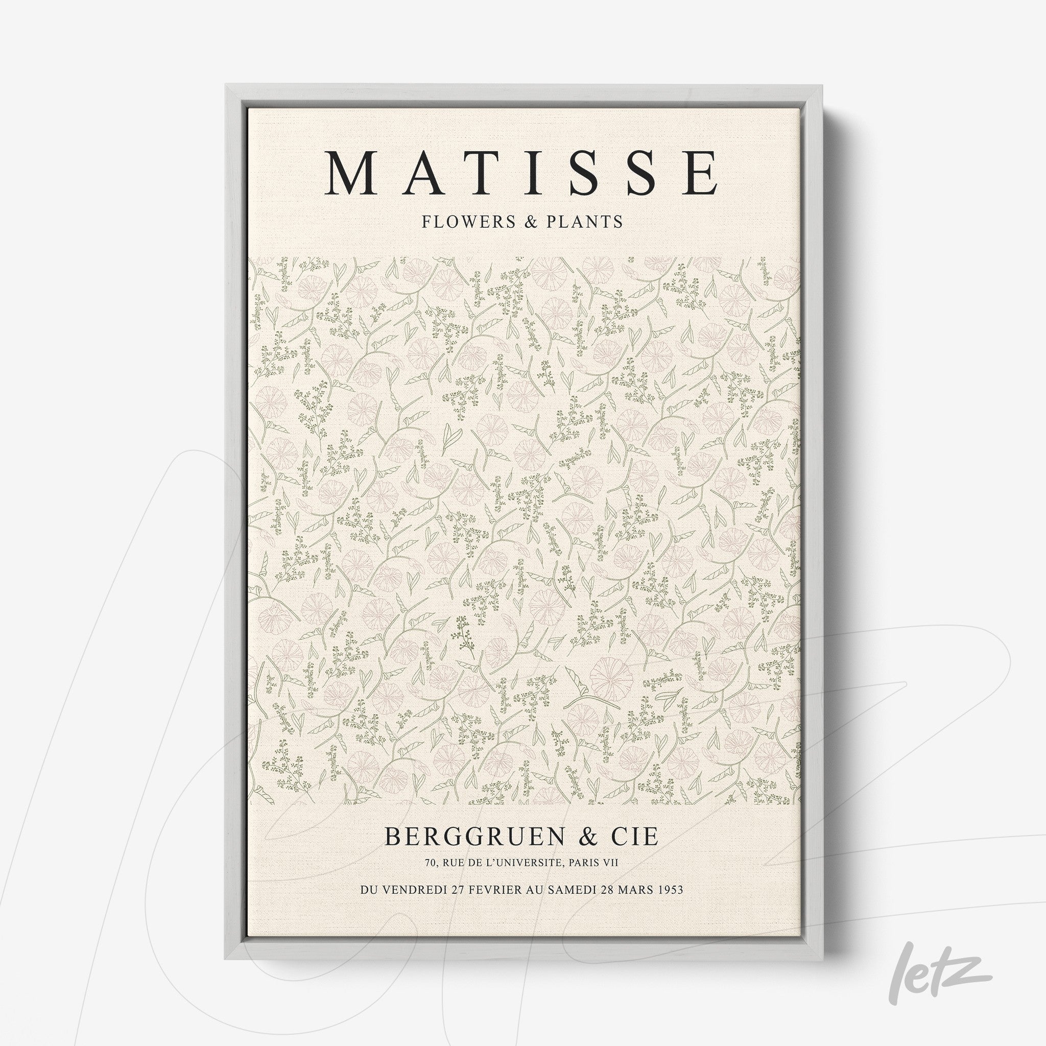 framed decorative art inspired by Matisse featuring a soft floral pattern in pastel colors with gray frame