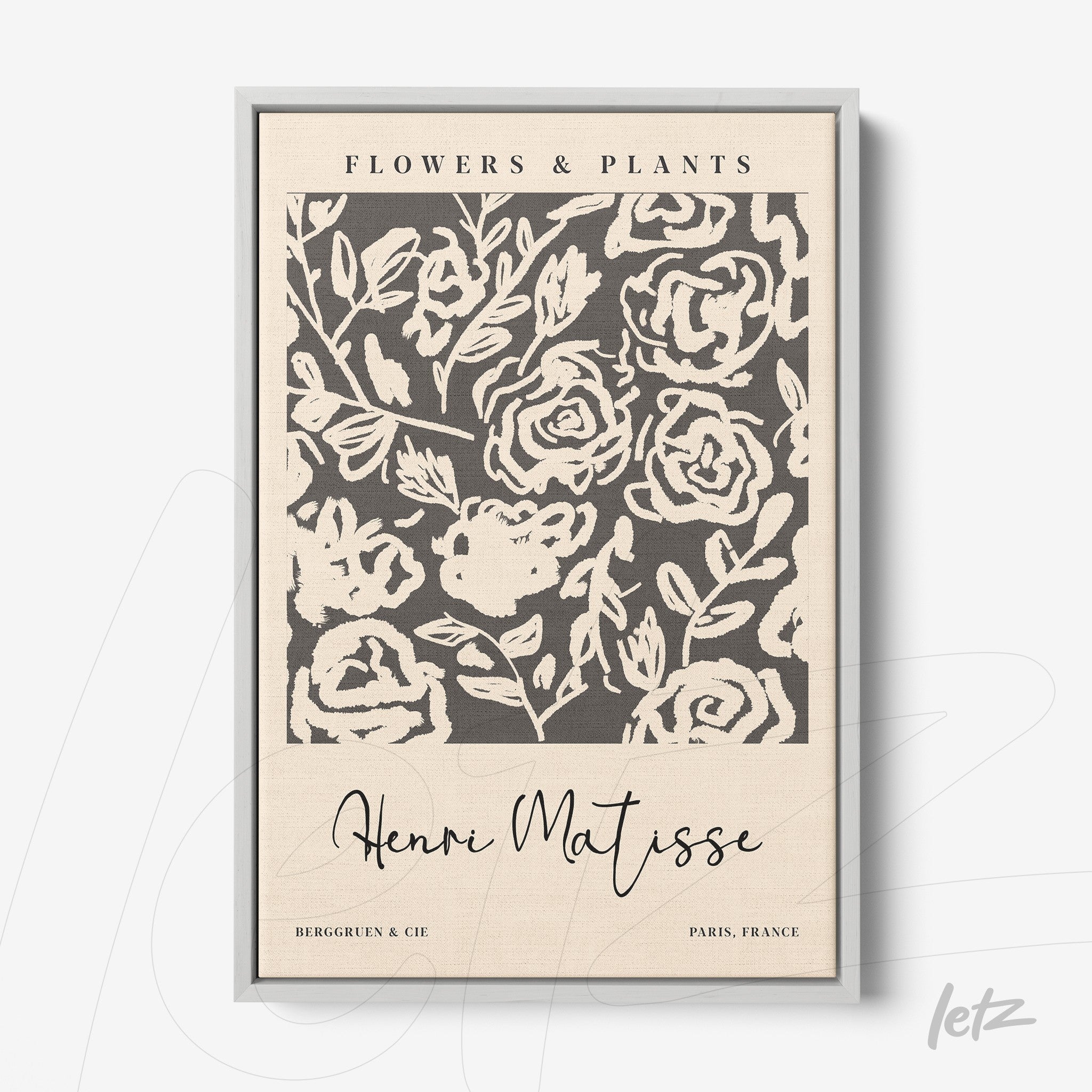 framed modern art print of flowers in beige background with thin silver frame