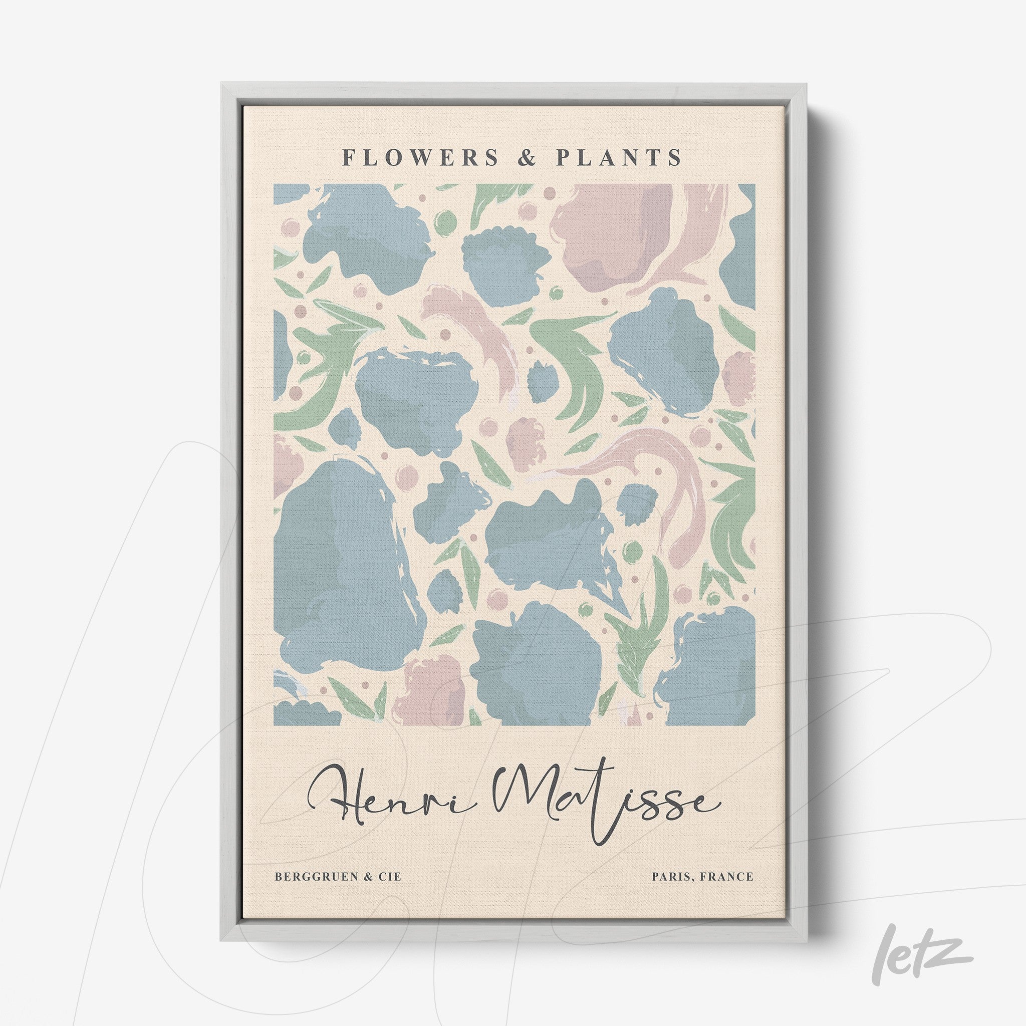 framed artwork featuring floral and plant design in modern style with silver frame