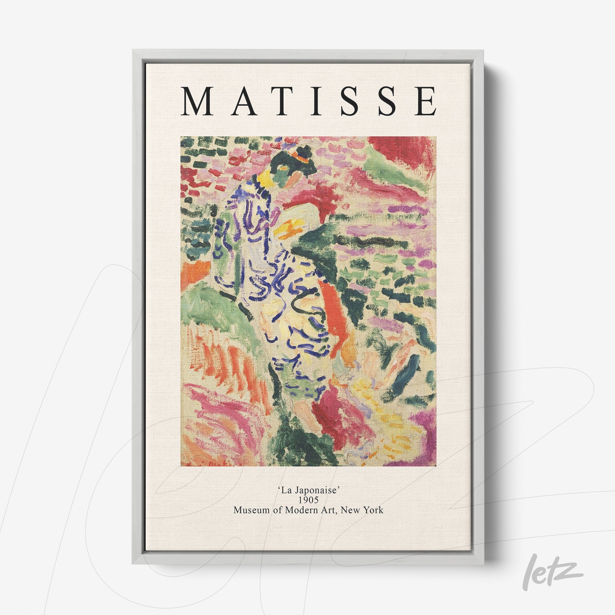 framed wall art of modern artwork by Matisse titled 'La Japonaises' featuring vibrant strokes and varied colors on a light background