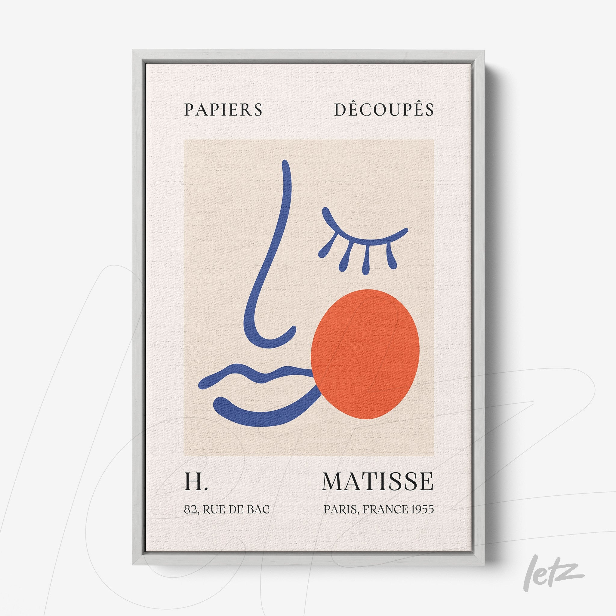 framed artwork featuring abstract line art in vibrant colors, showcasing a stylized female face with a red circle, silver metal frame