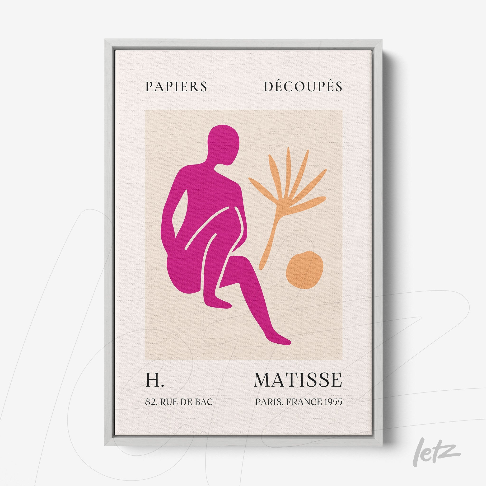 modern wall art featuring a pink and orange stylized figure of a seated person and a plant on a light background with a silver frame