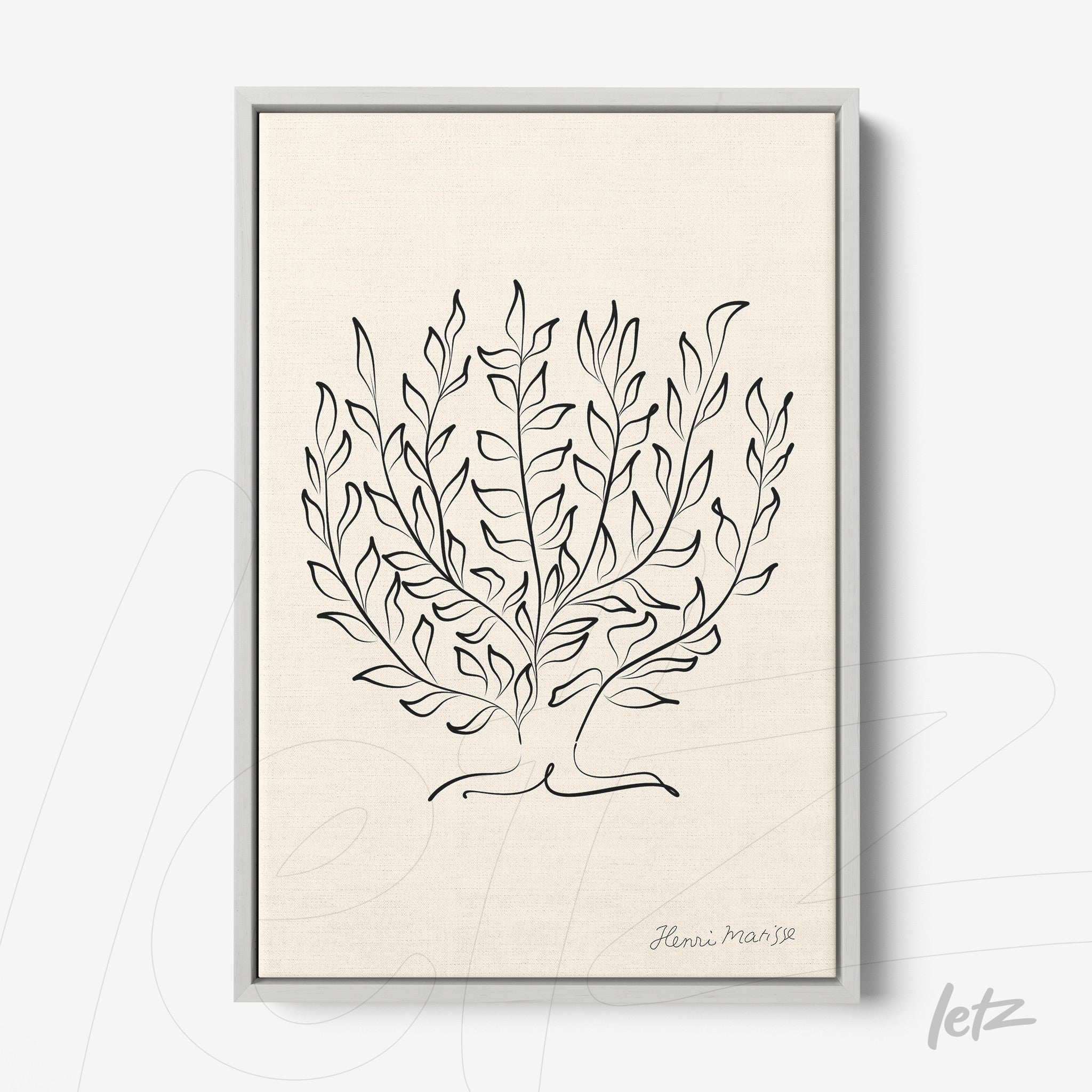 framed artwork featuring fine line illustration of foliage with light gray frame and textured background
