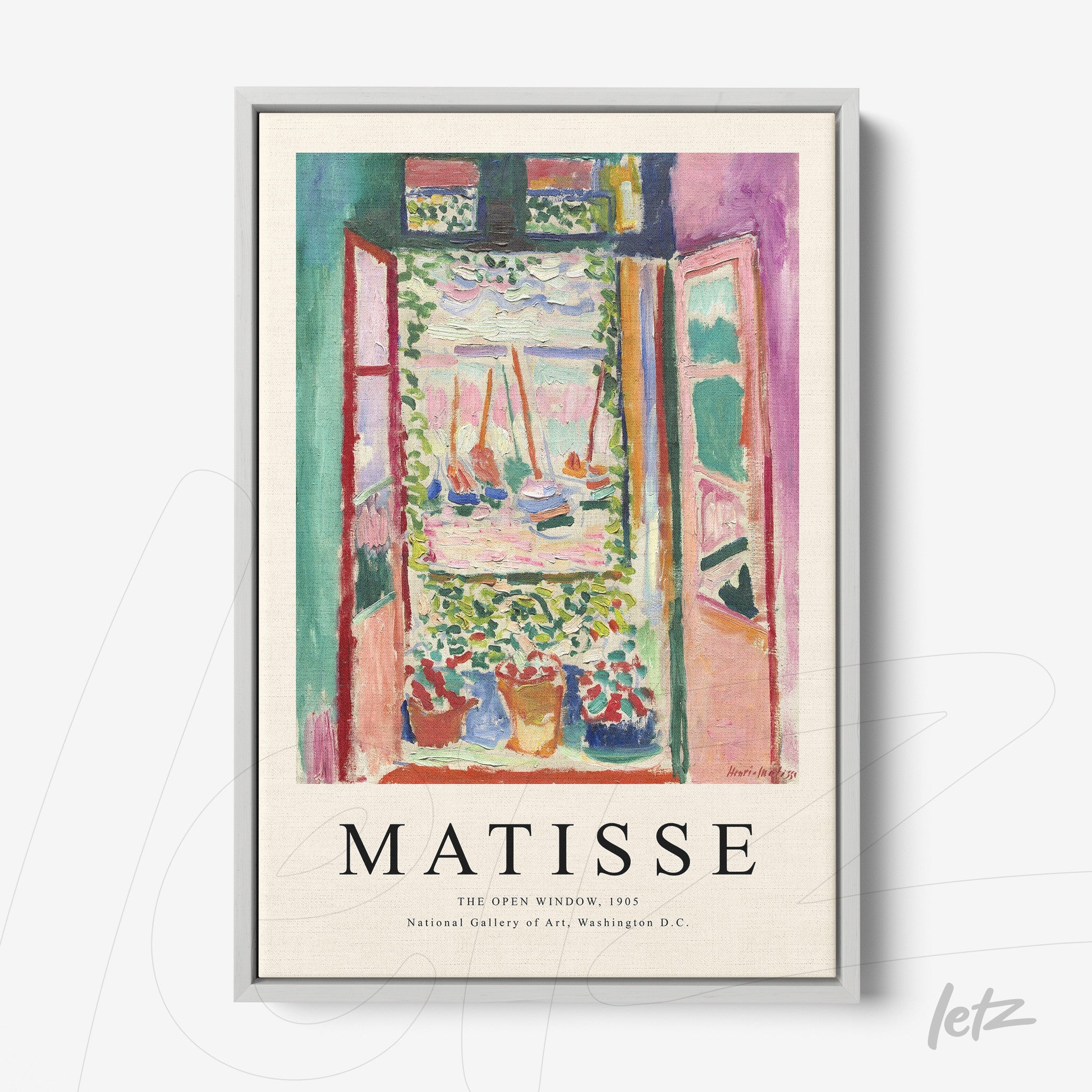 colorful wall art featuring henri matisse's open window with a view of a garden, framed in silver