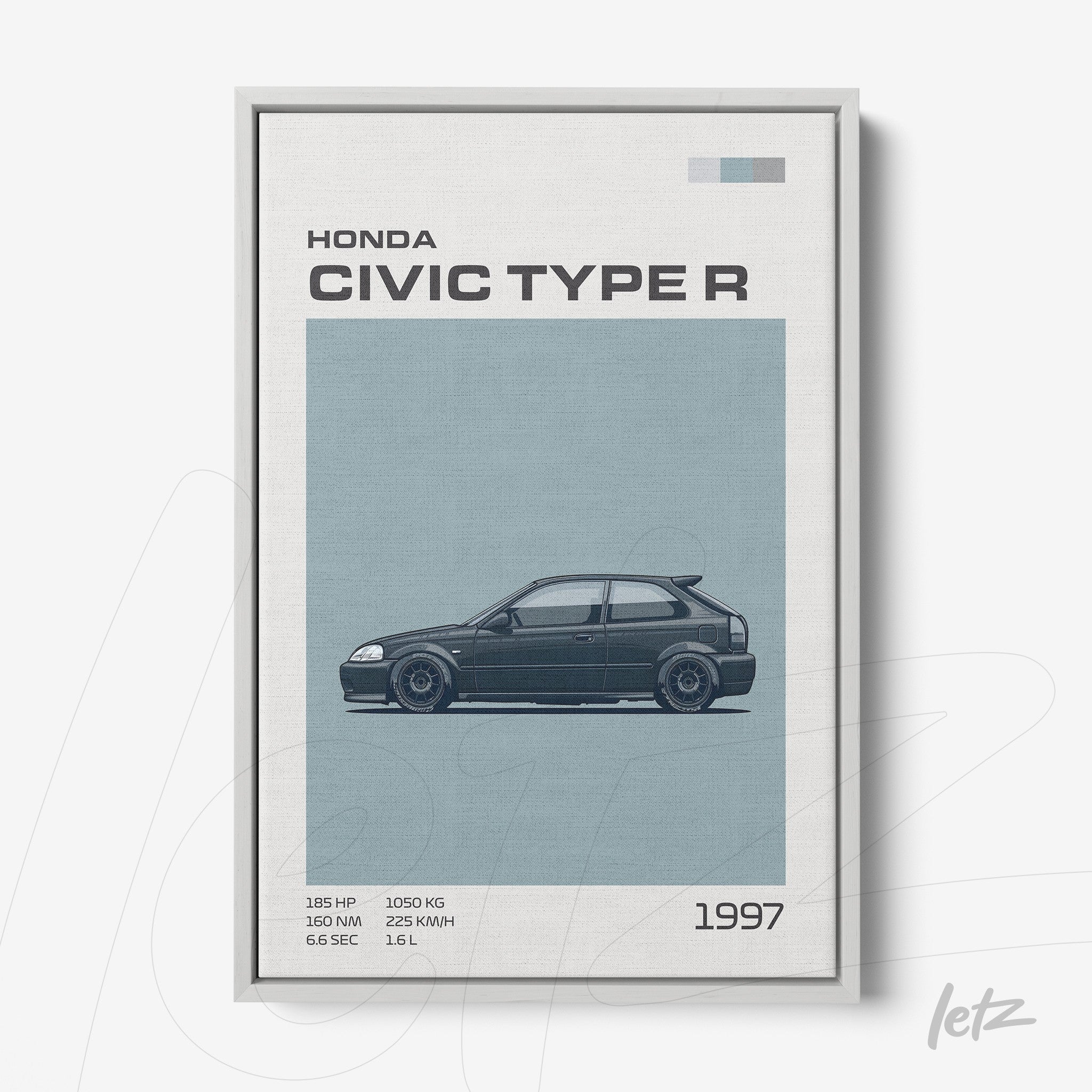 framed wall art featuring a minimalist illustration of the 1997 Honda Civic Type R on a neutral background