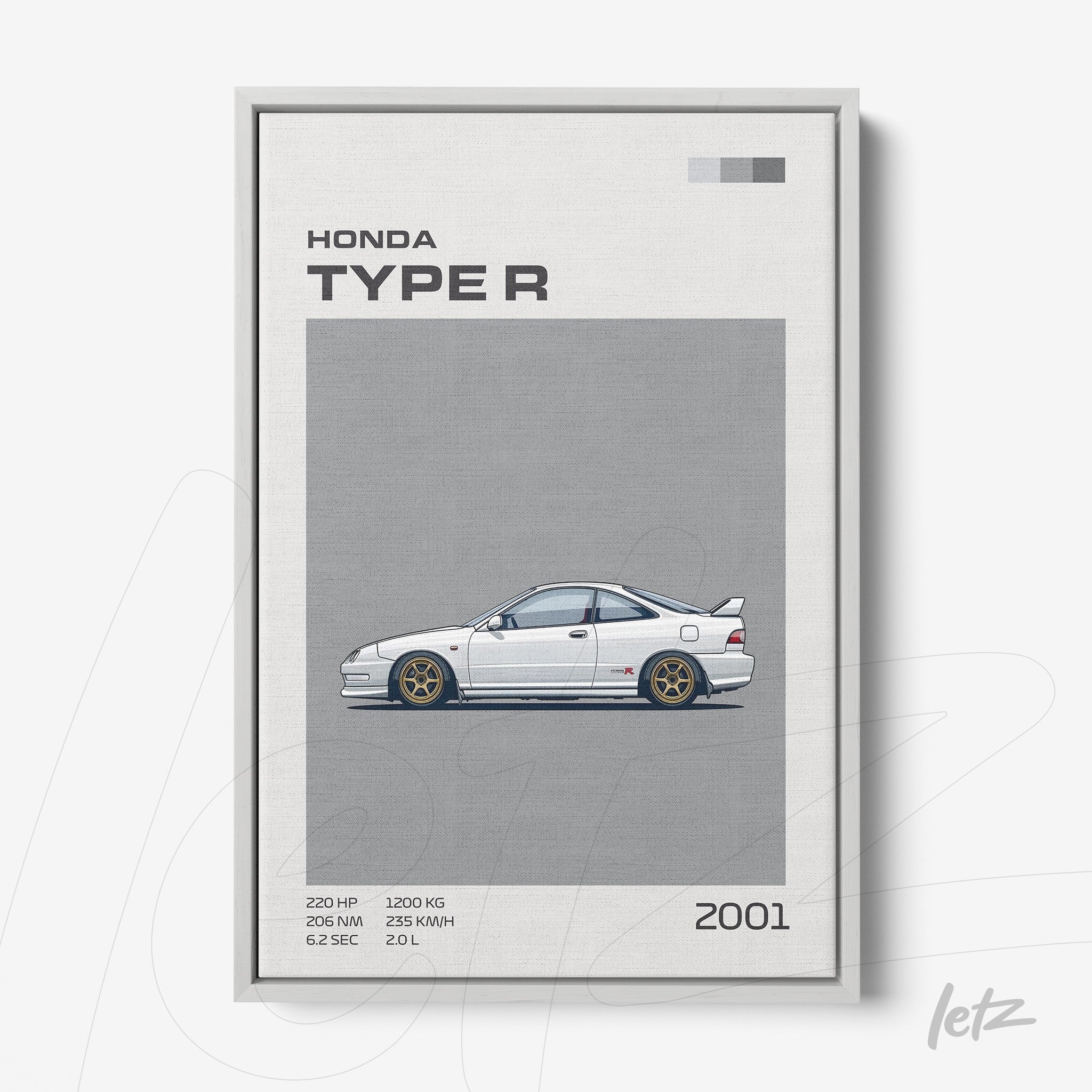 canvas print featuring an illustration of the 2001 Honda Type R on a gray background, showcasing technical details like horsepower and weight