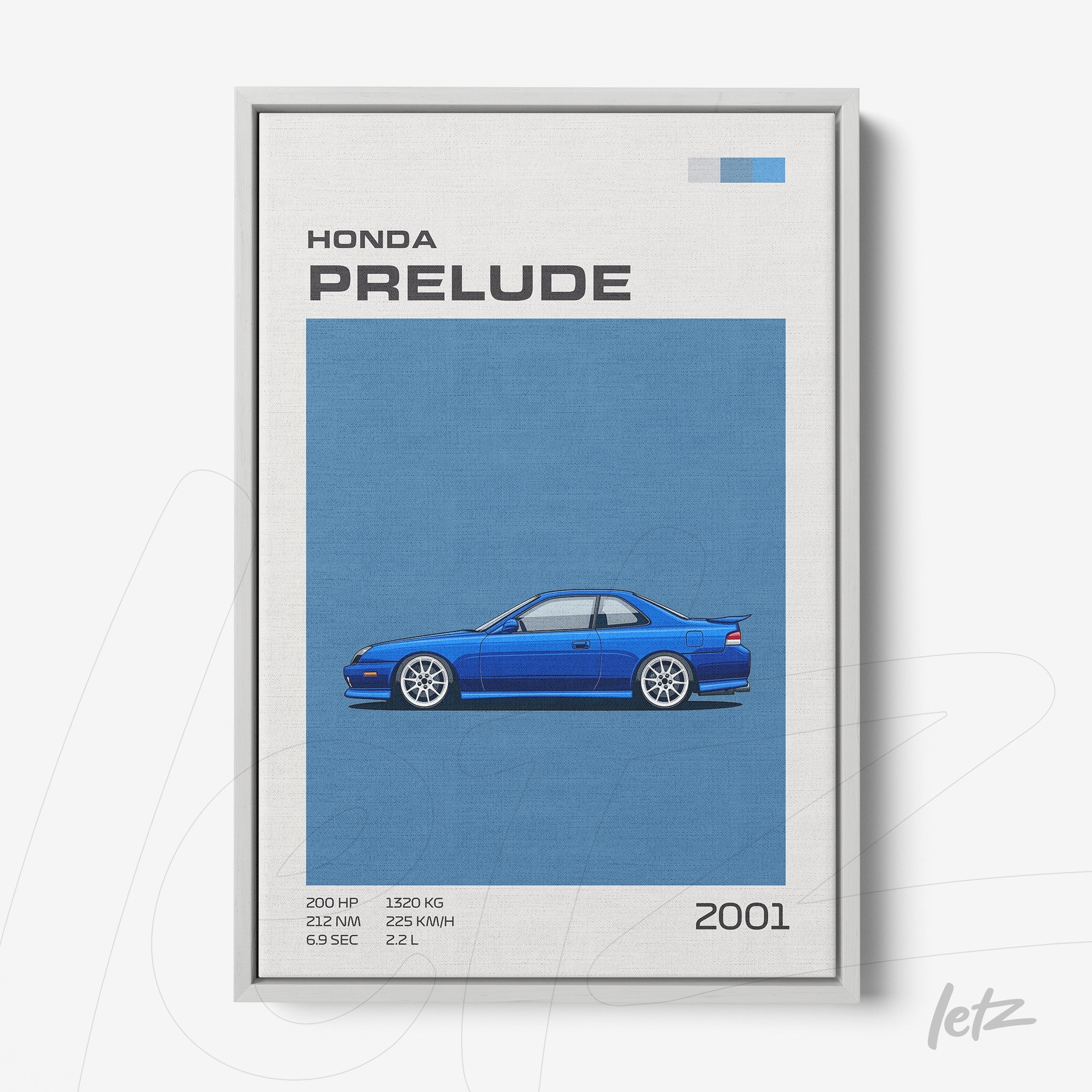 framed digital artwork of Honda Prelude car in blue background with white frame