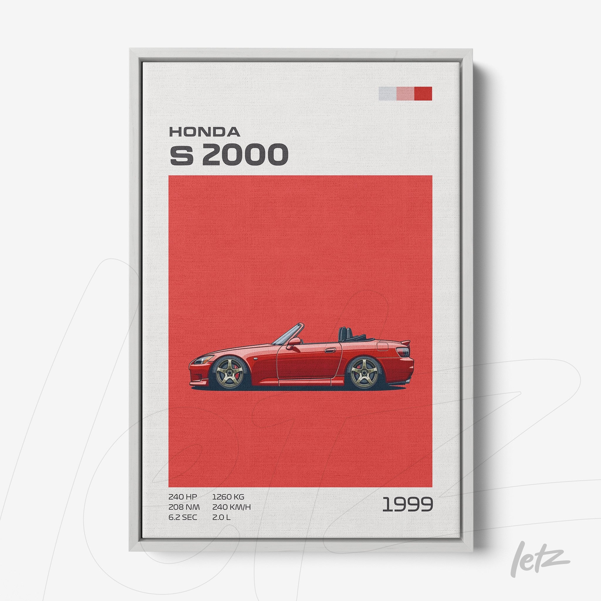 framed wall art featuring a sporty Honda S2000 on red background with silver metallic frame