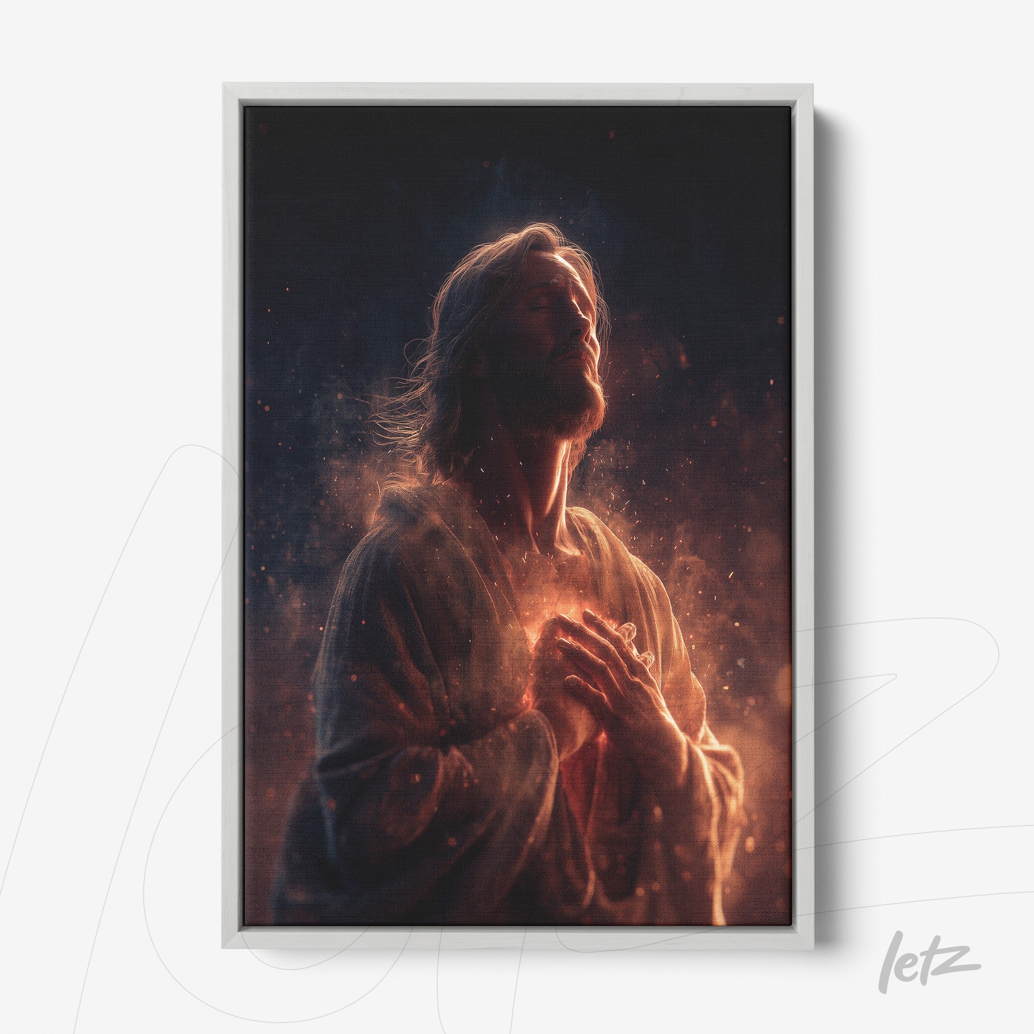 framed digital art of a religious figure in a meditative pose with a glowing heart and white frame