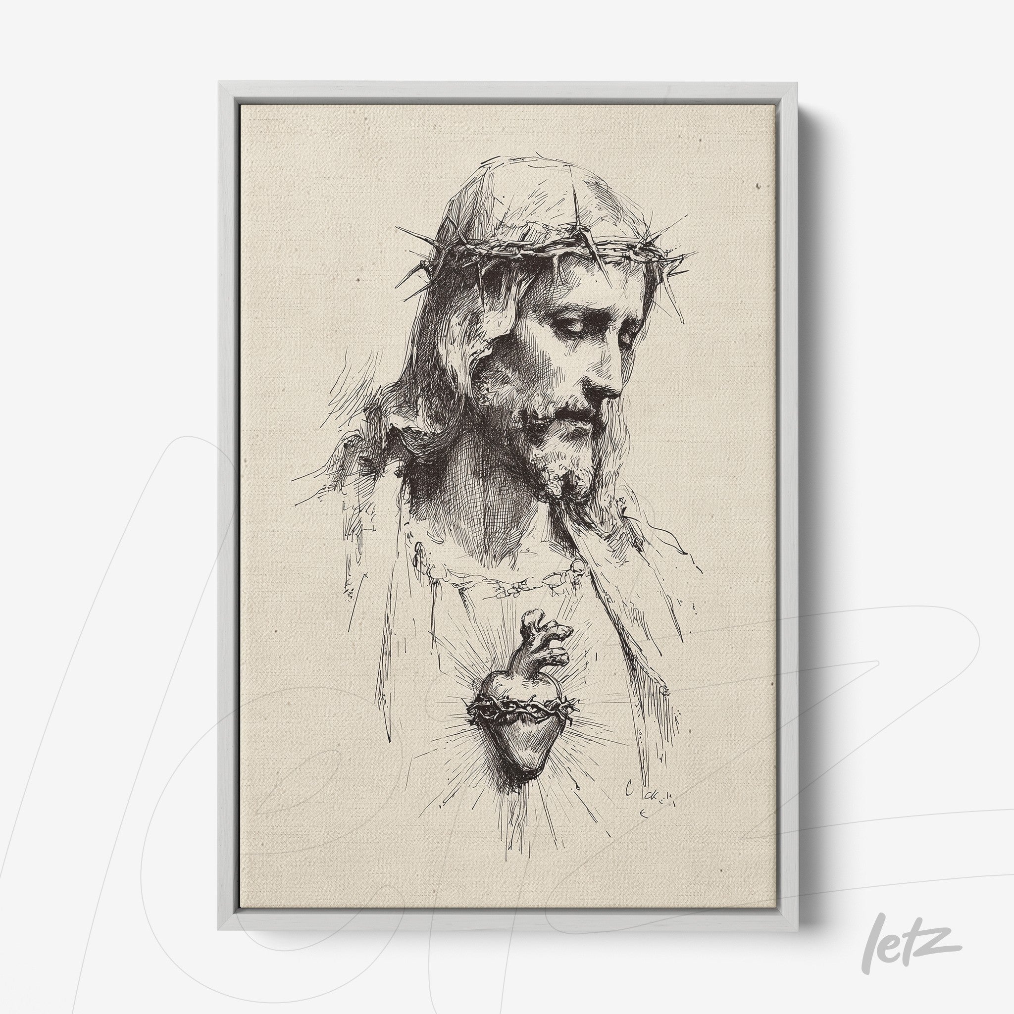 canvas art featuring a delicate illustration of Jesus Christ with a crown of thorns and an exposed heart in a silver frame