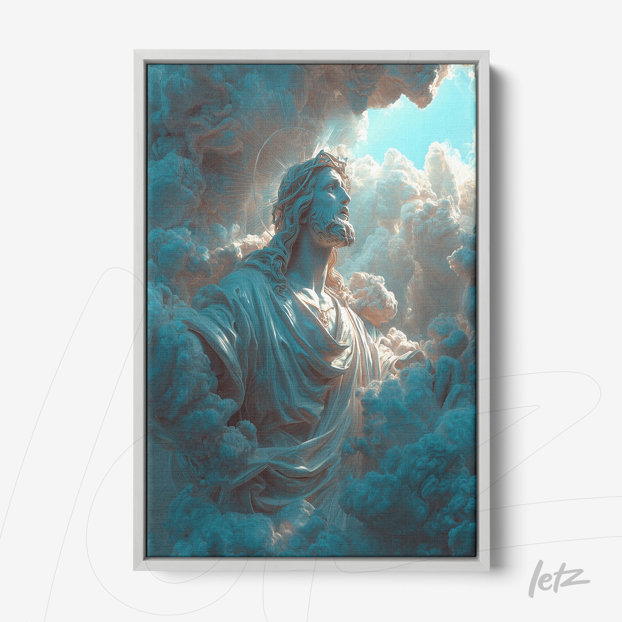 framed wall art of a divine figure emerging from clouds in silver frame