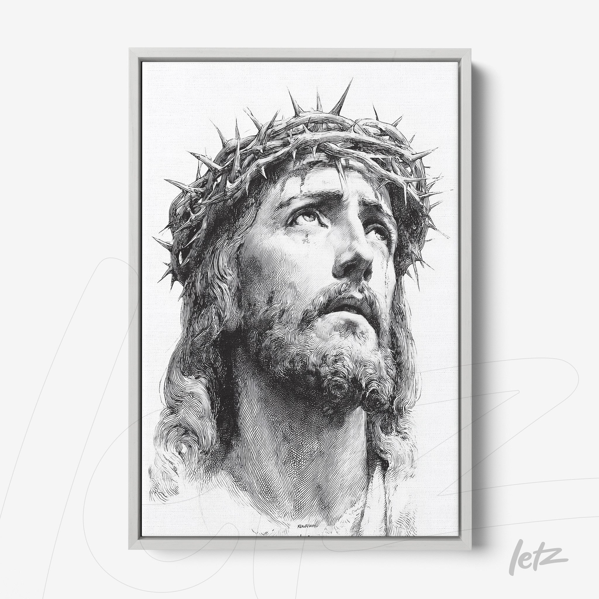 framed classic art depicting the image of Jesus Christ with a crown of thorns in a white frame