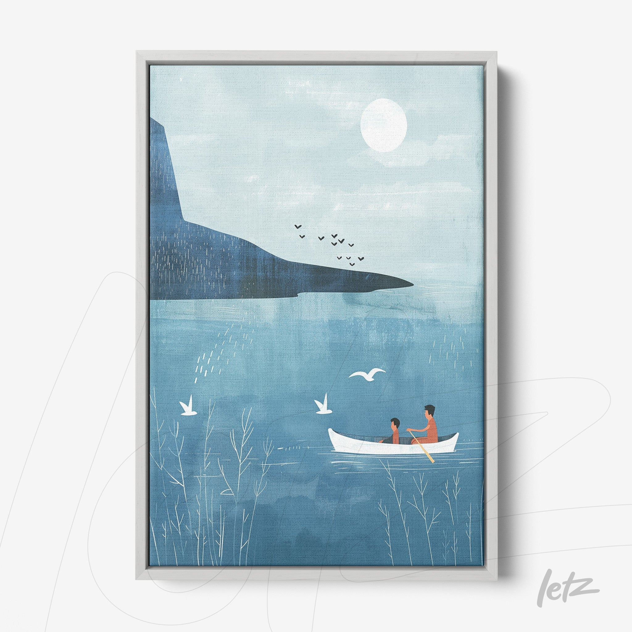 framed artwork featuring a serene illustration of a couple in a boat on a blue lake under a full moon, with mountains in the background and birds flying