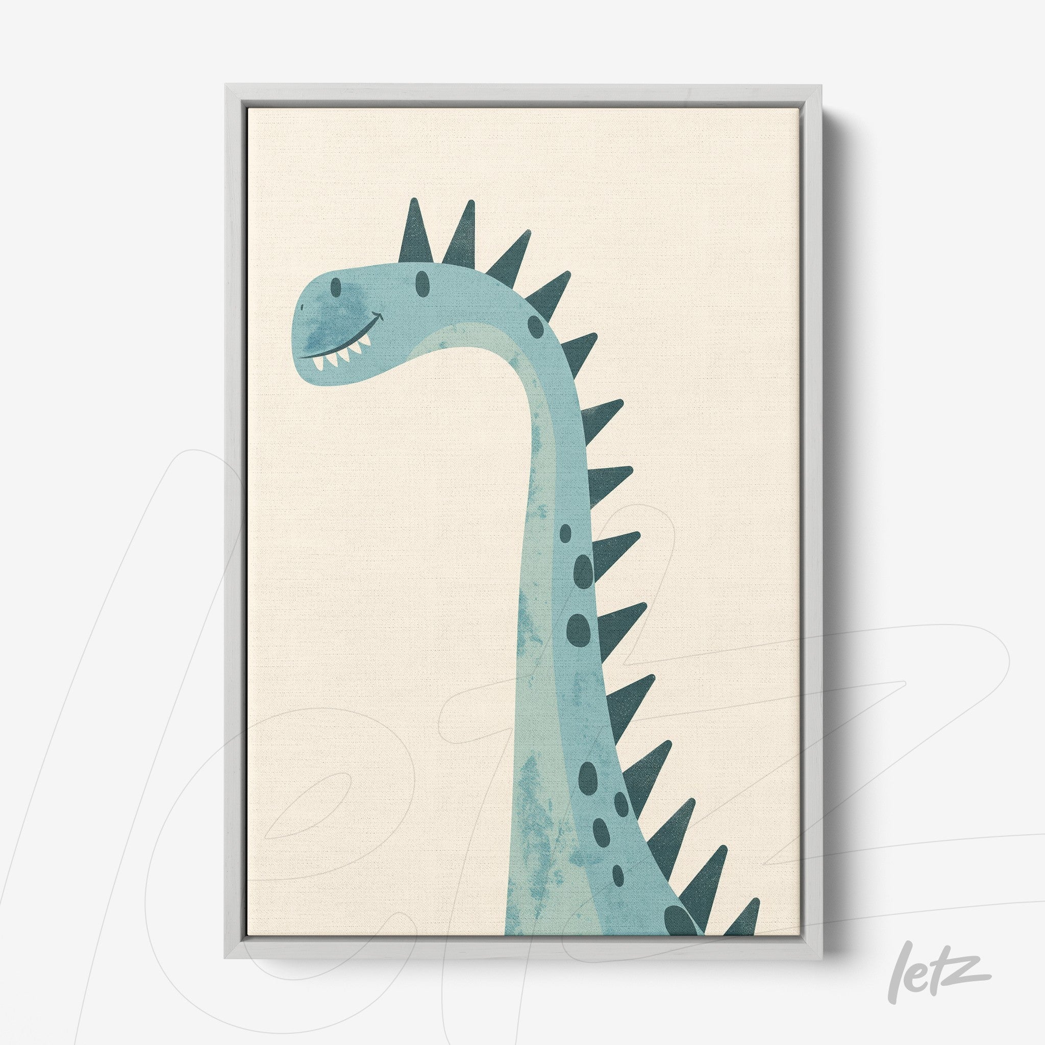children's wall art featuring a blue and green dinosaur illustration in a gray frame