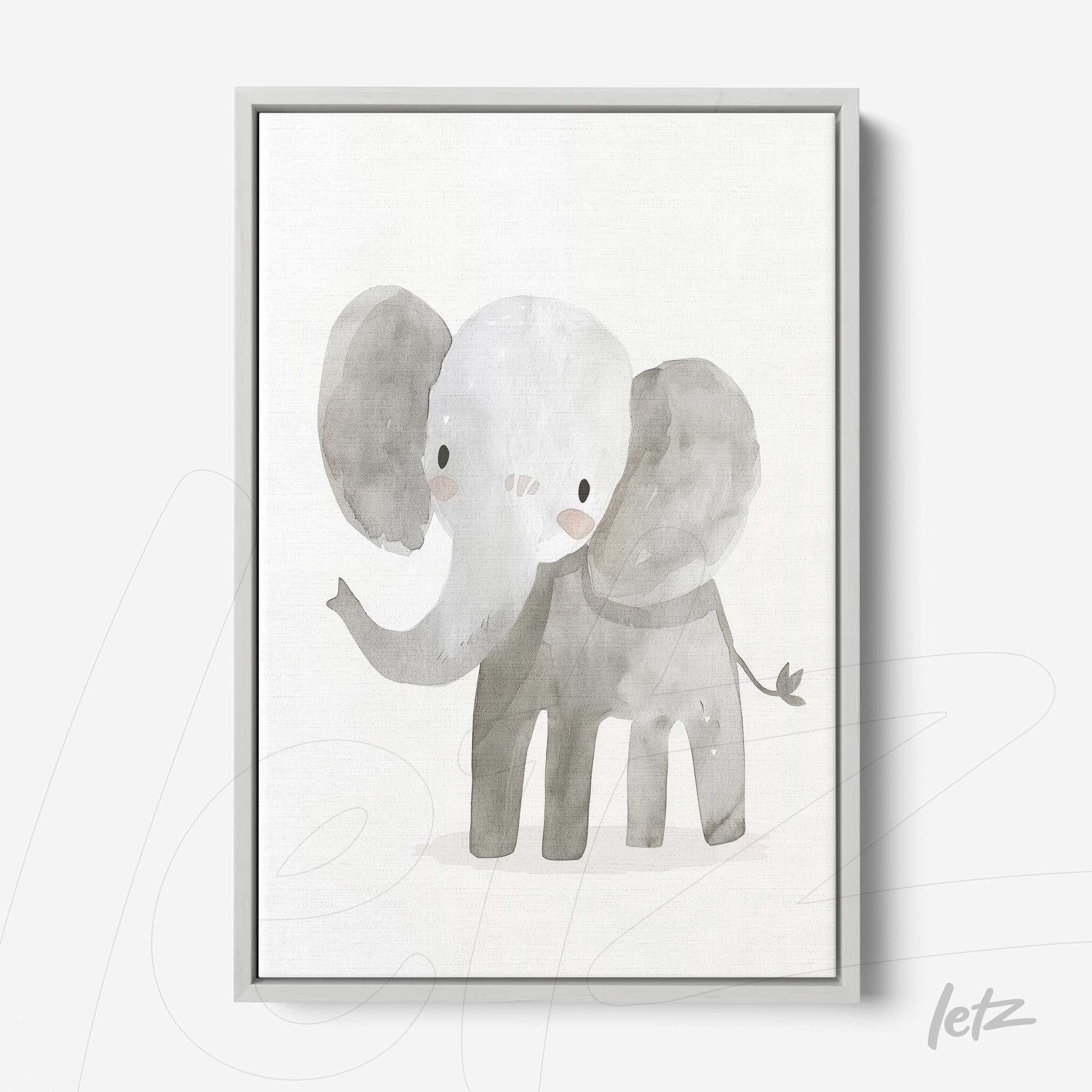 framed wall art of a cute elephant in watercolor style with gray frame