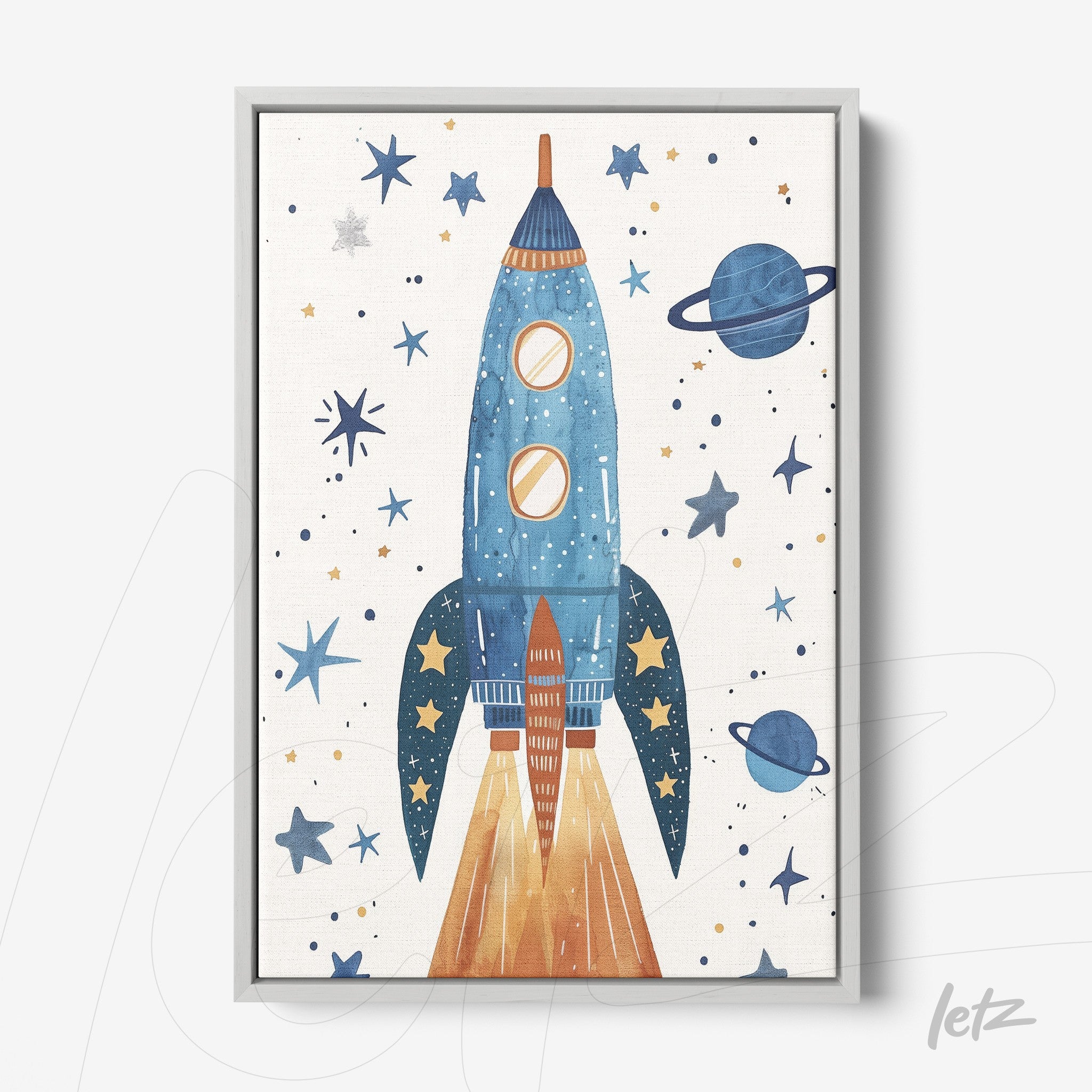 framed art featuring a blue rocket on a starry background with planets and stars in soft colors