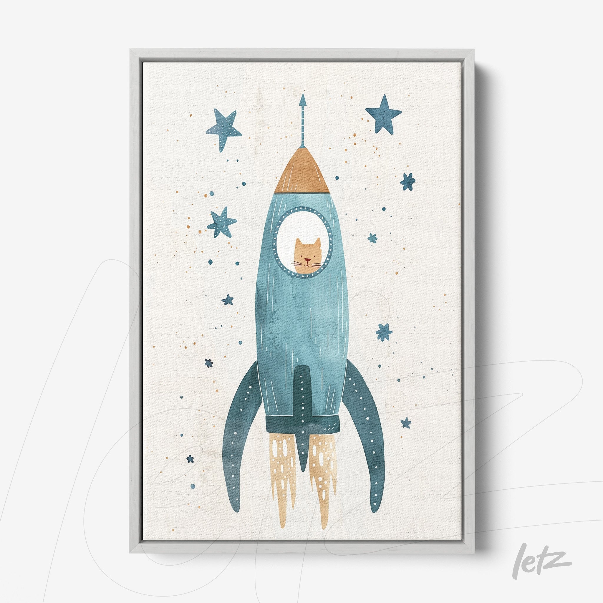framed artwork featuring a cat inside a blue rocket ship with stars in the background