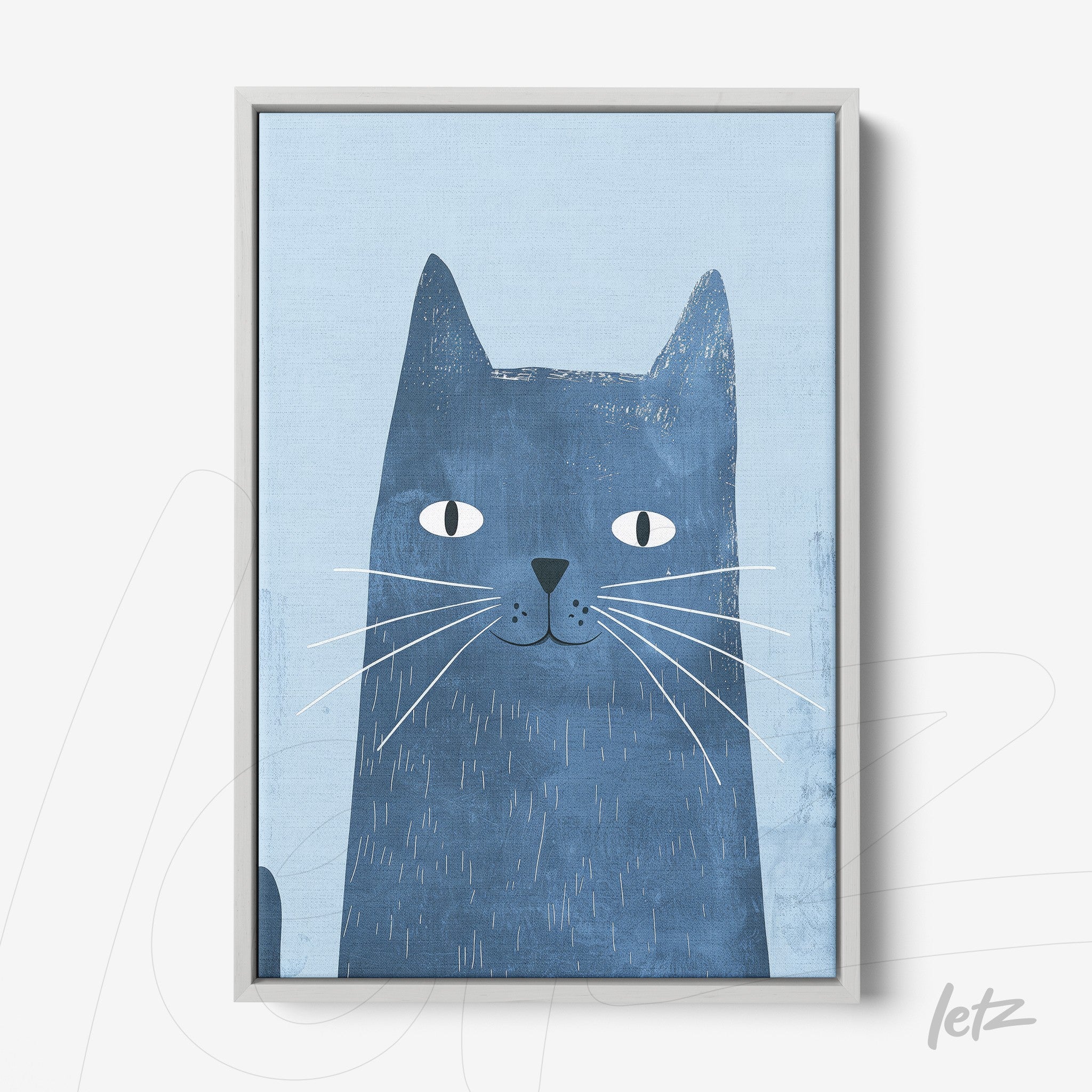 framed modern art print of a blue cat with a light background