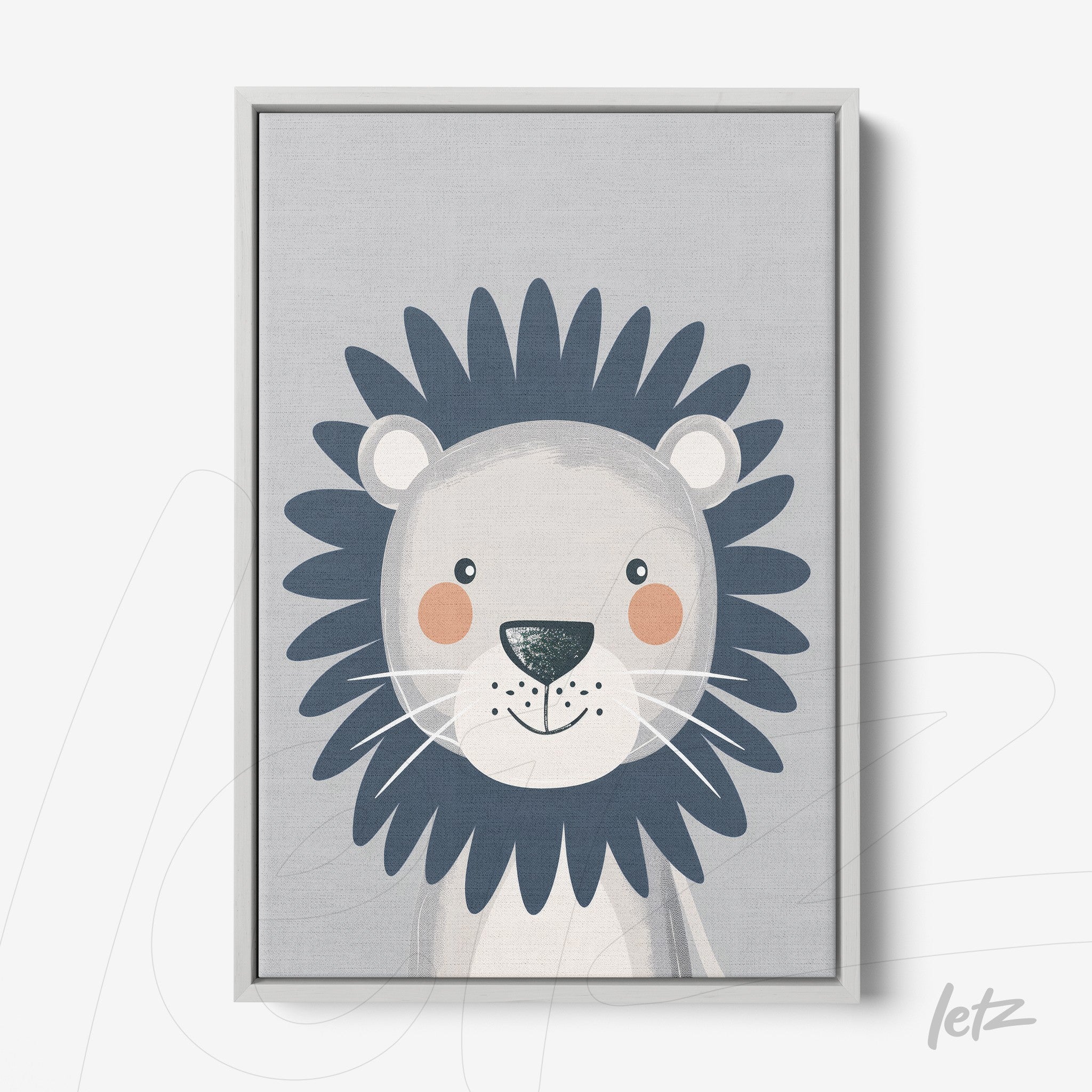canvas print featuring a cute lion illustration with blue mane and light gray background in a white frame