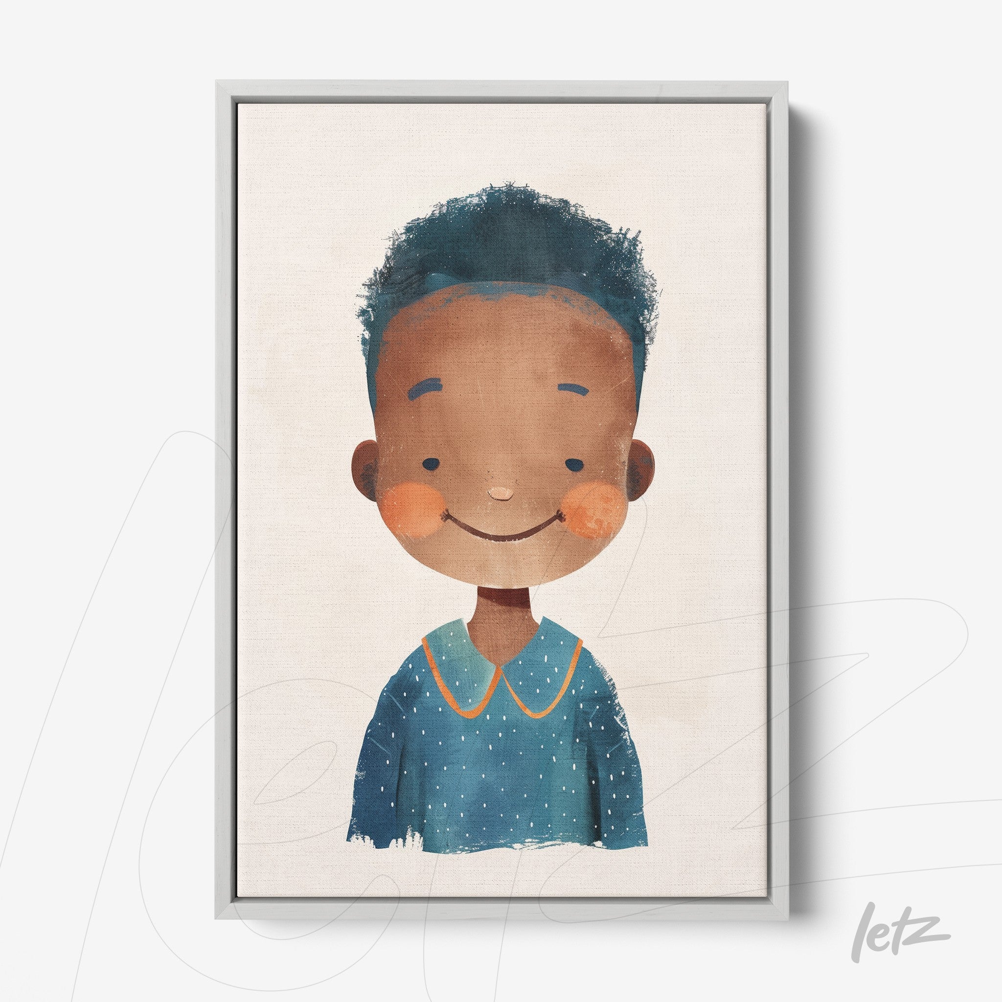 framed wall art featuring a smiling boy with curly hair in a light frame