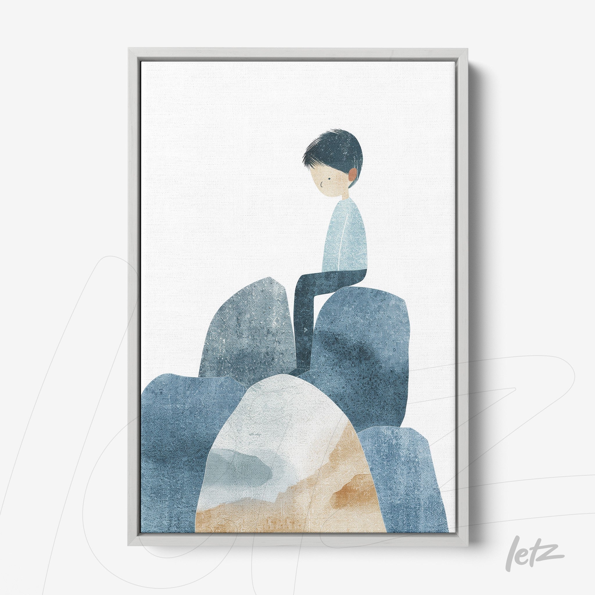 framed illustration of a boy sitting on rocks in shades of blue and gray