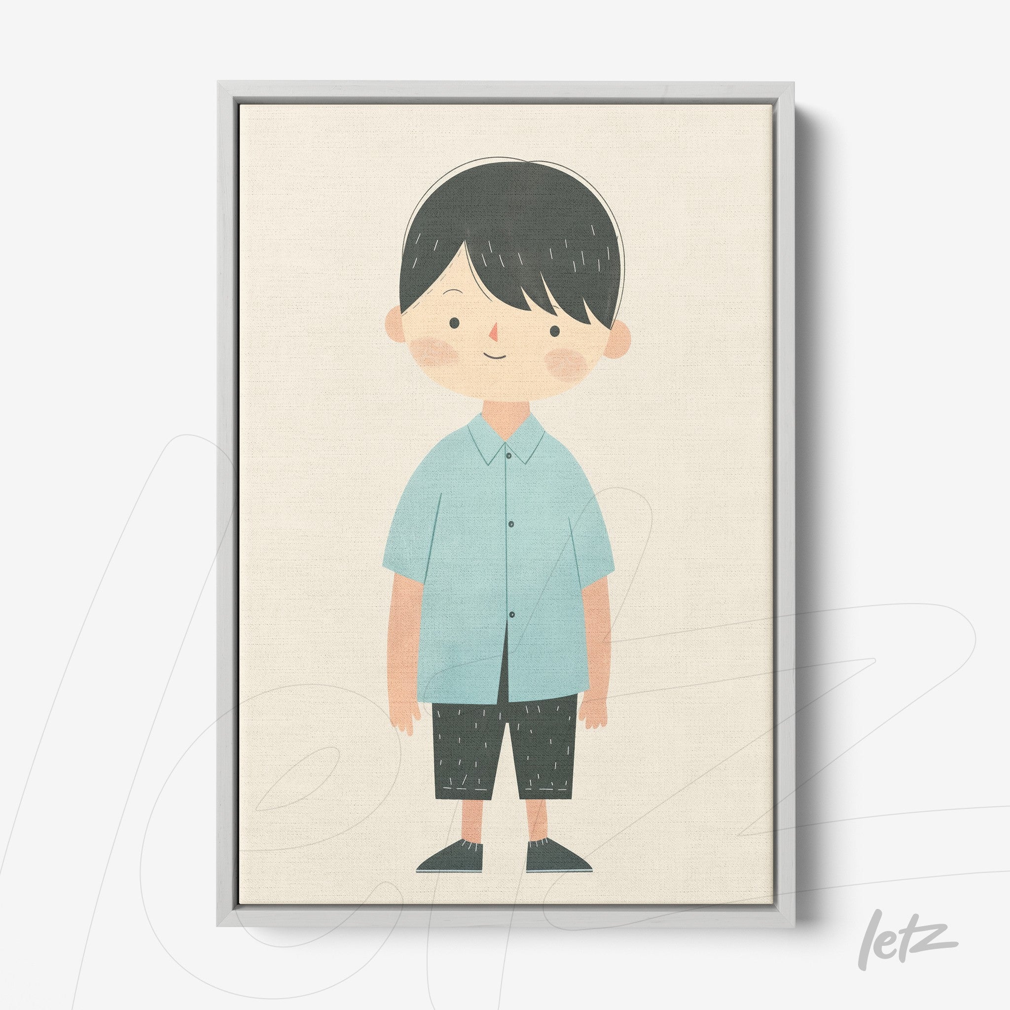 canvas print featuring a child illustration with a blue shirt and black shorts, framed in light gray