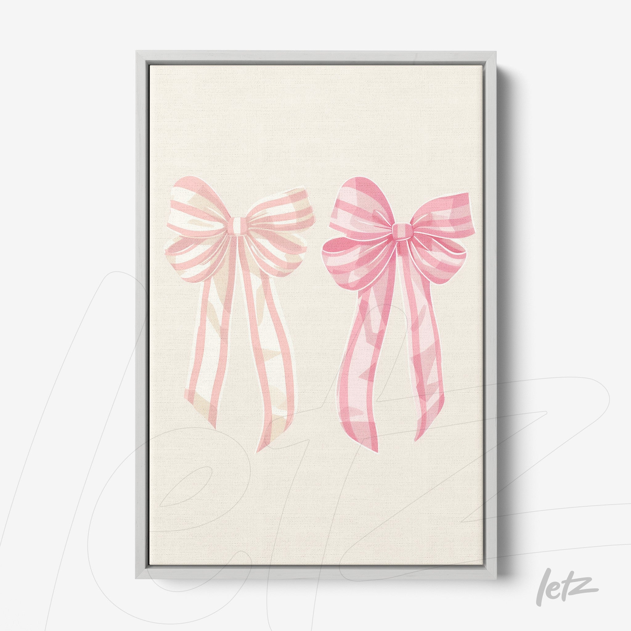 framed artwork featuring pink ribbons on a light background with a light gray frame