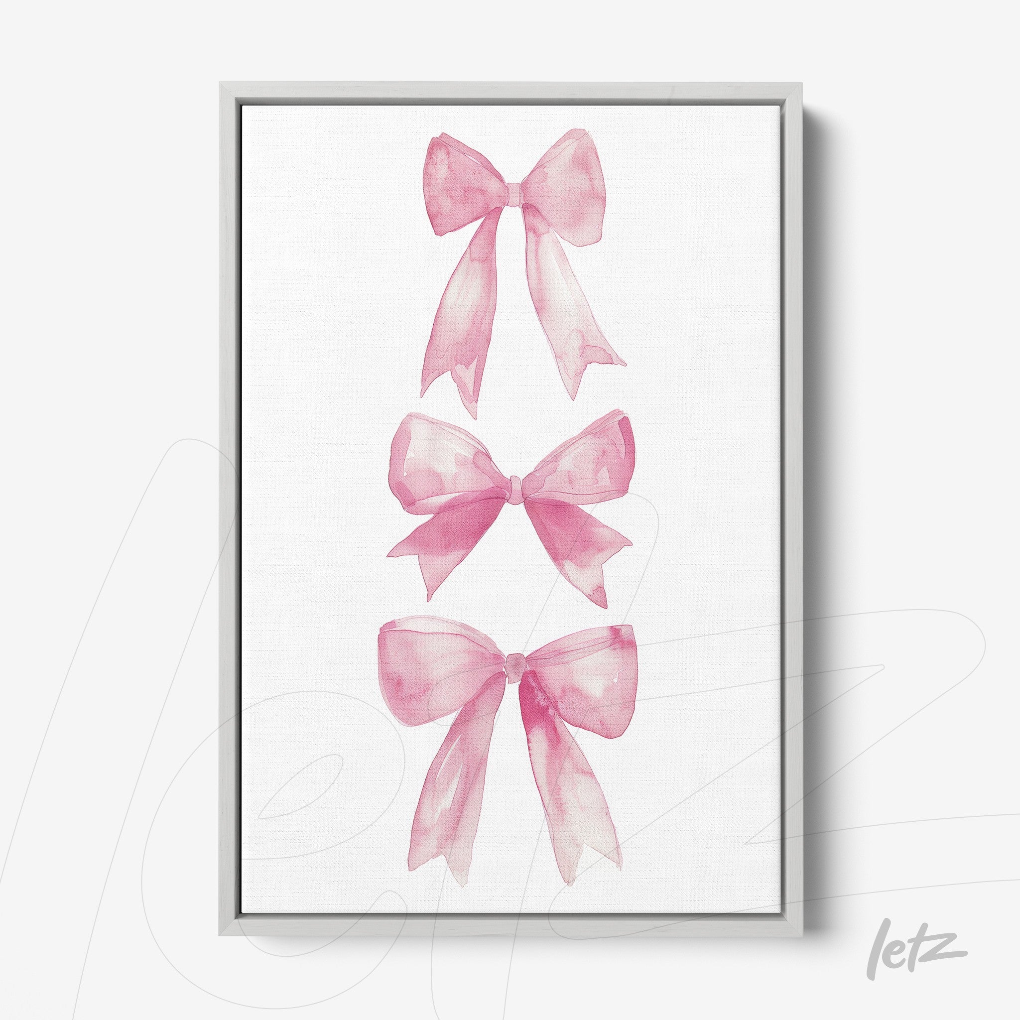 framed artwork featuring watercolor illustration of pink bows arranged vertically