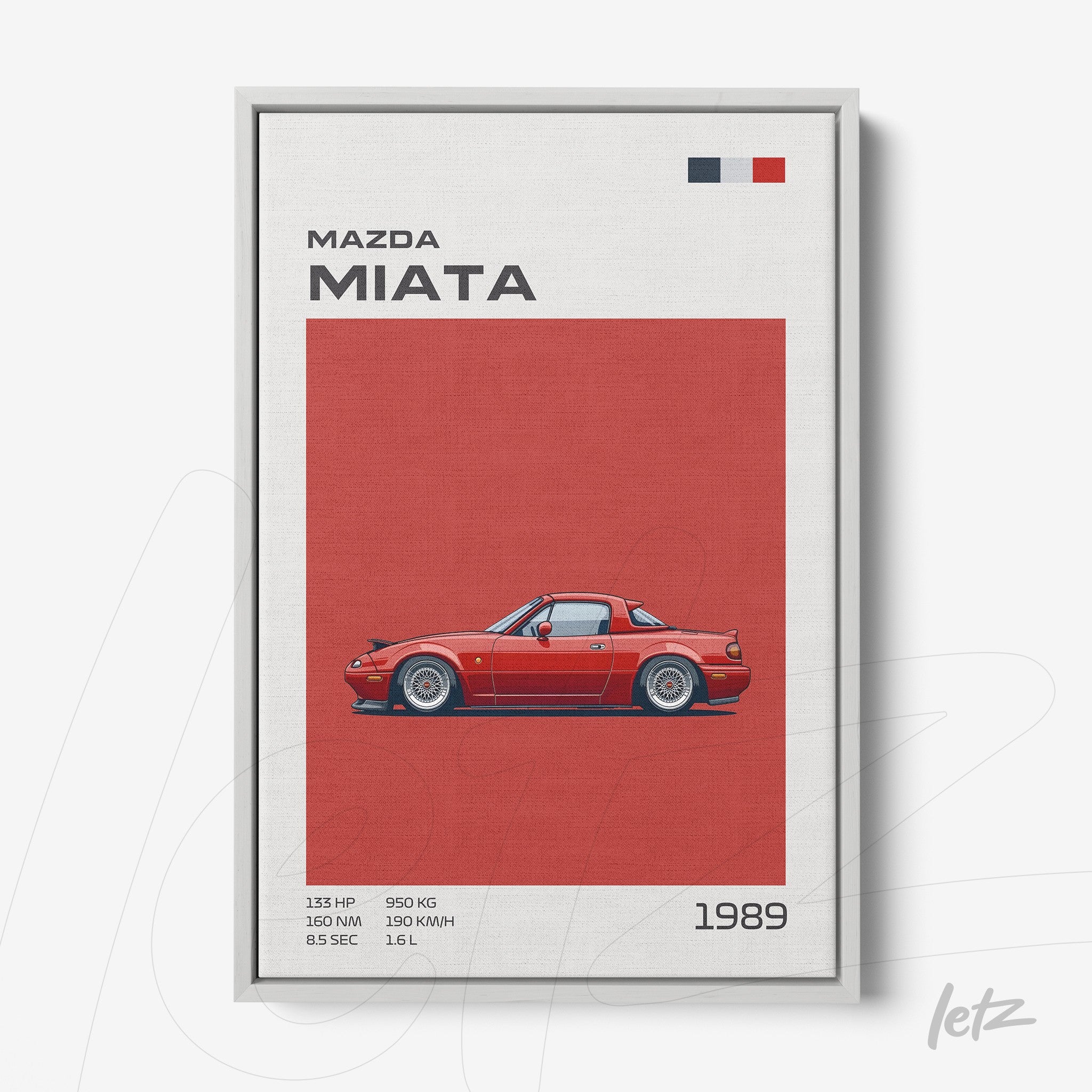 framed art of a 1989 Mazda Miata illustration with silver frame, red background, and detailed information alongside