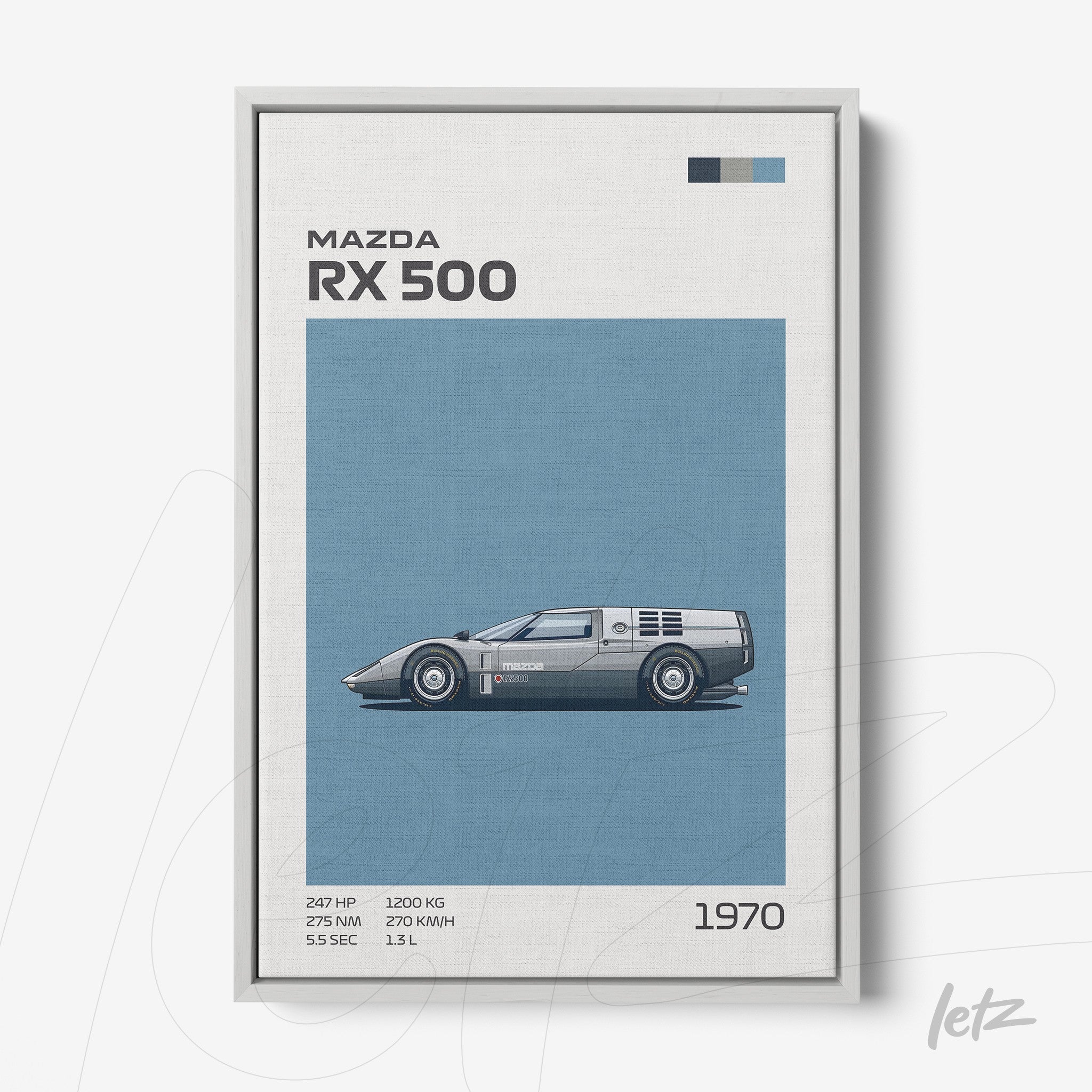 framed digital art of Mazda RX 500 in blue background with silver frame