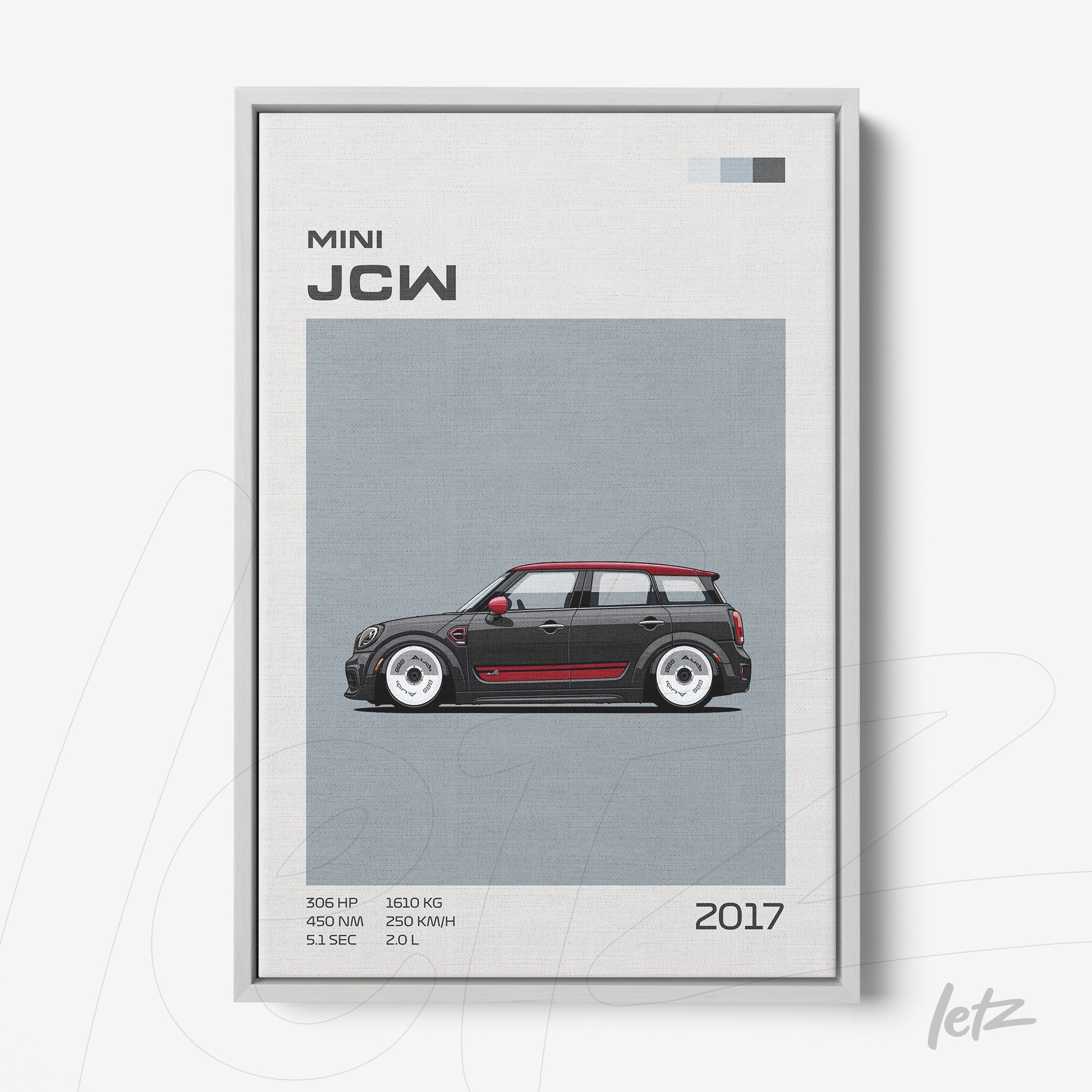 framed wall art featuring a digital illustration of a Mini John Cooper Works car with a gray background